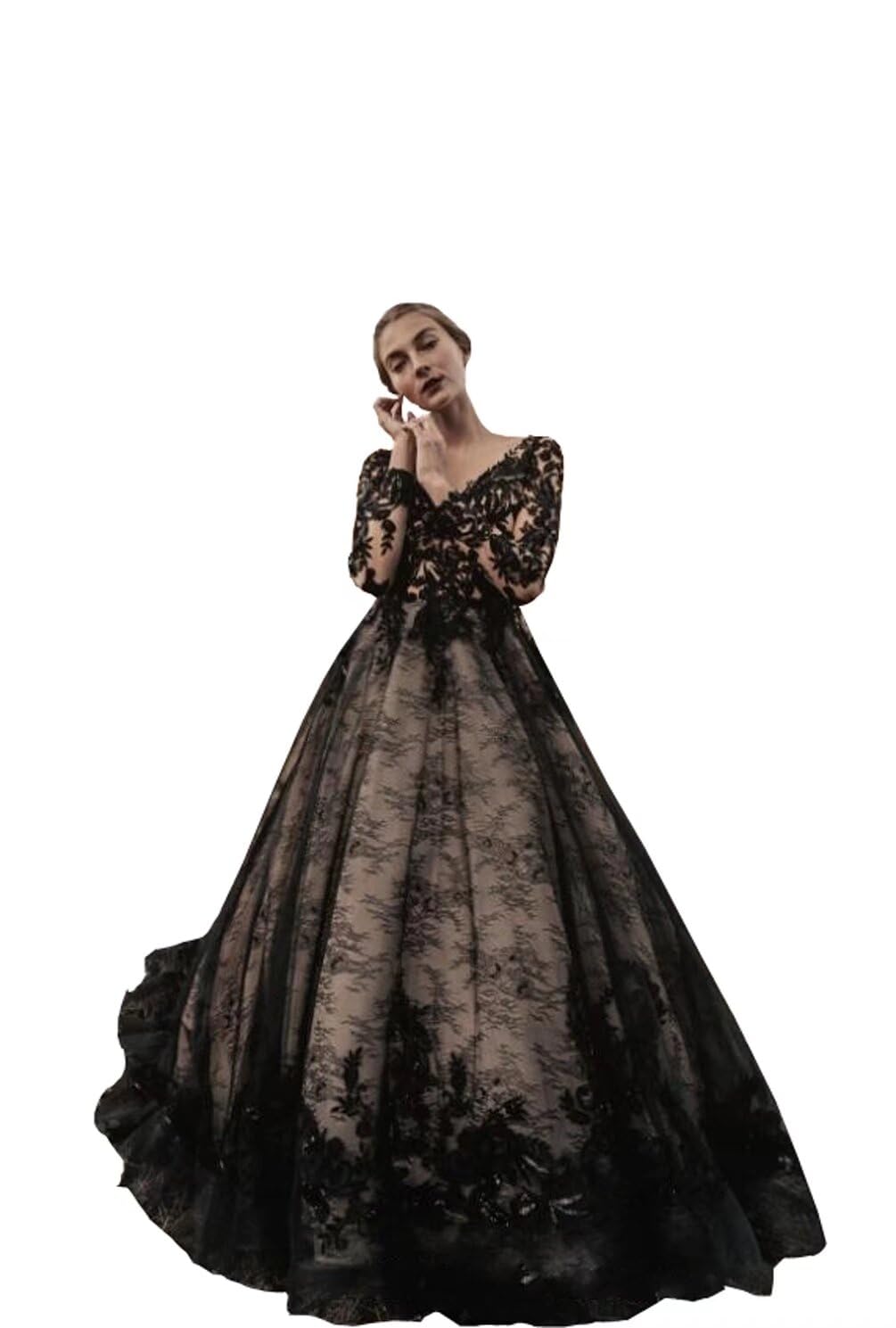 Elegant Black Lace Long Sleeve Wedding Dress - Vintage V-Neck & Open Back Bridal Gown for Women 2025 | Perfect for Vintage-Themed Weddings, Evening Galas & Romantic Photoshoots
