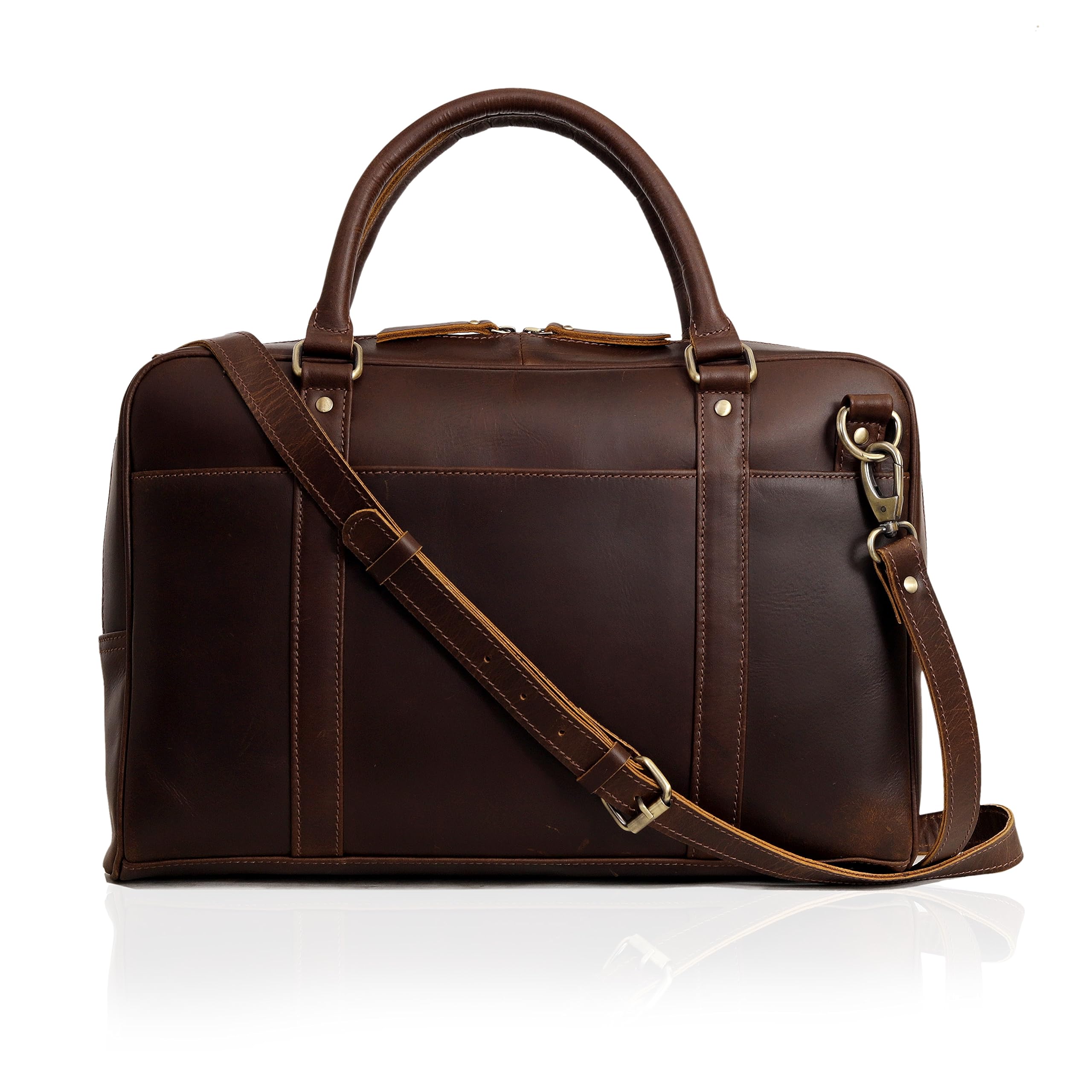 Premium Full Grain Cow Leather Briefcase for Men & Women - Handcrafted Laptop Bag with Multiple Compartments & Brass Hardware - Business Travel & Office Work Accessory