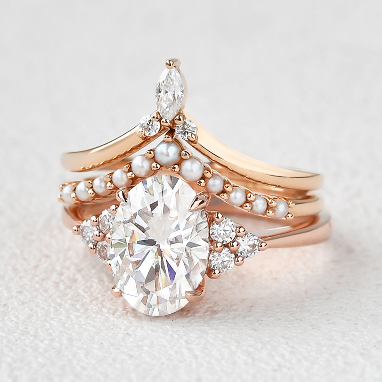 Vintage Oval Moissanite & Pearl Gold Ring Set - 3 Piece Bridal Jewelry for Engagement, Wedding, and Anniversary Gifts