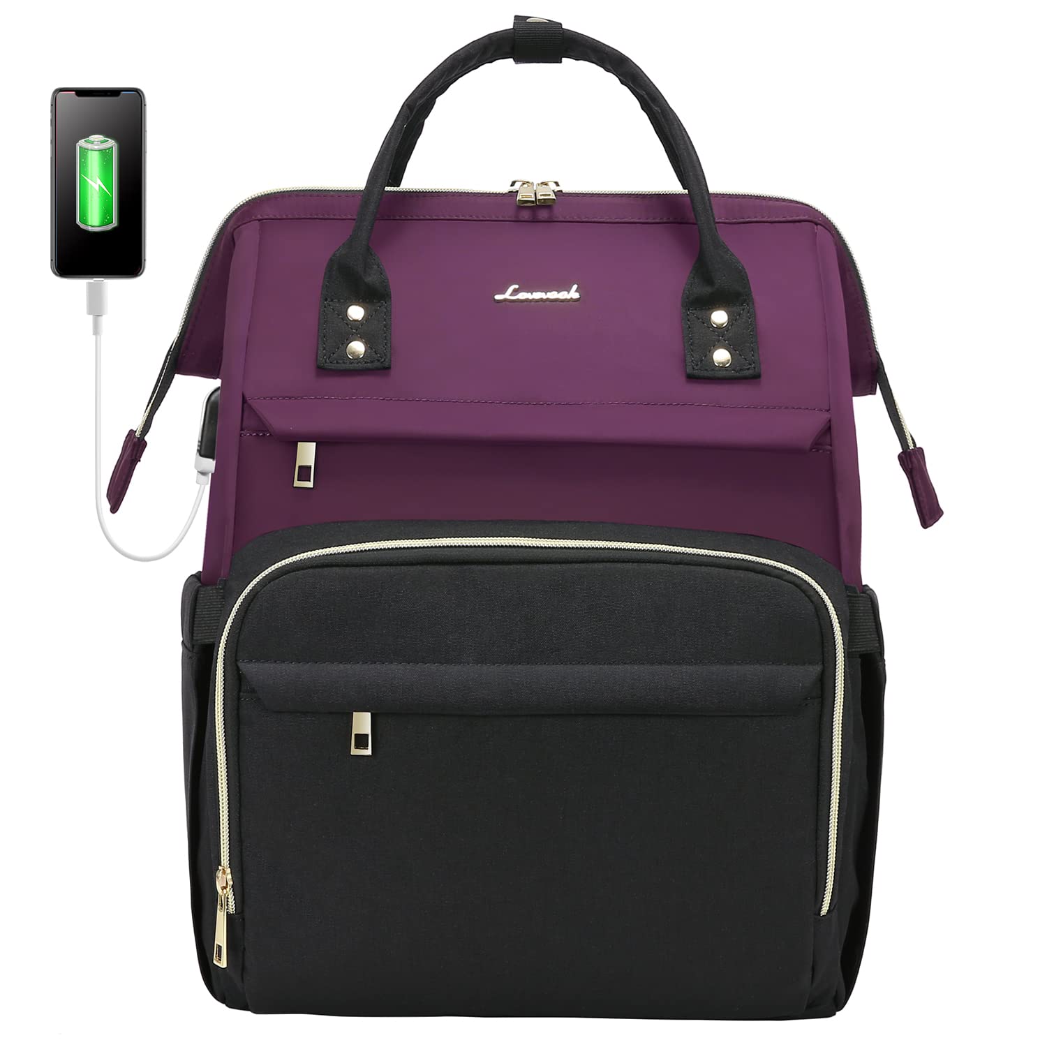 LOVEVOOK Women's Fashion Business Laptop Backpack with USB Port - 15.6-Inch Travel, Work, and School Bag in Dark Purple-Black for Professionals and Students