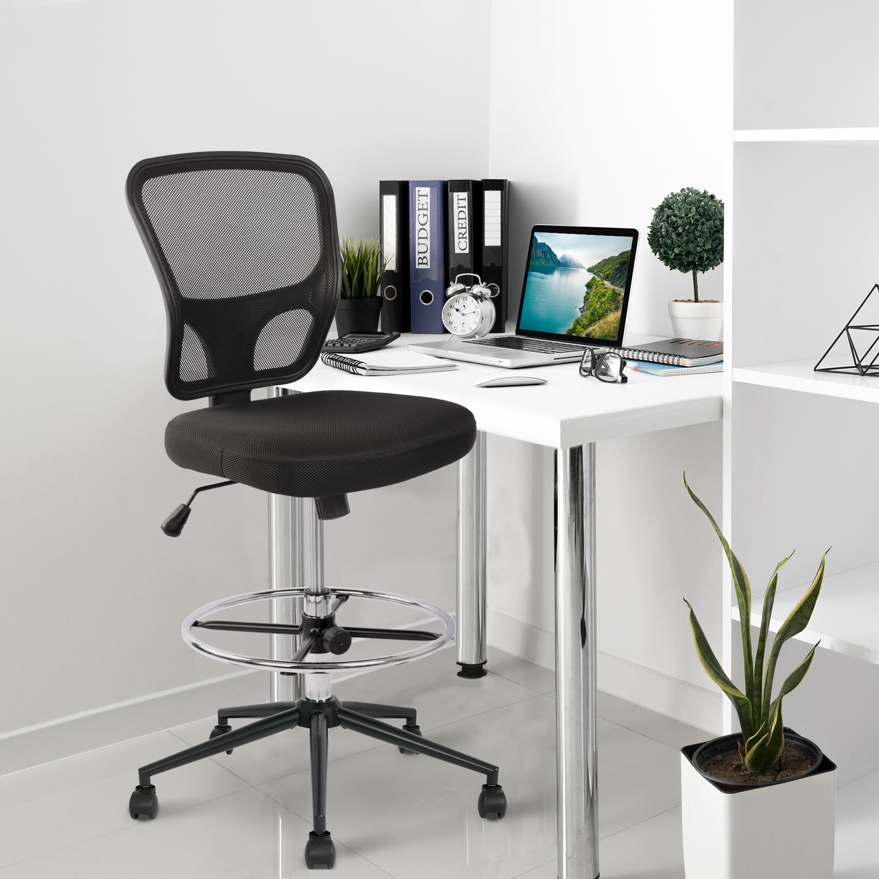 Ergonomic Armless Drafting Chair - Adjustable Height High Back Office Chair with Footrest & Wheels - Perfect for Architects, Designers & Home Office Workspaces