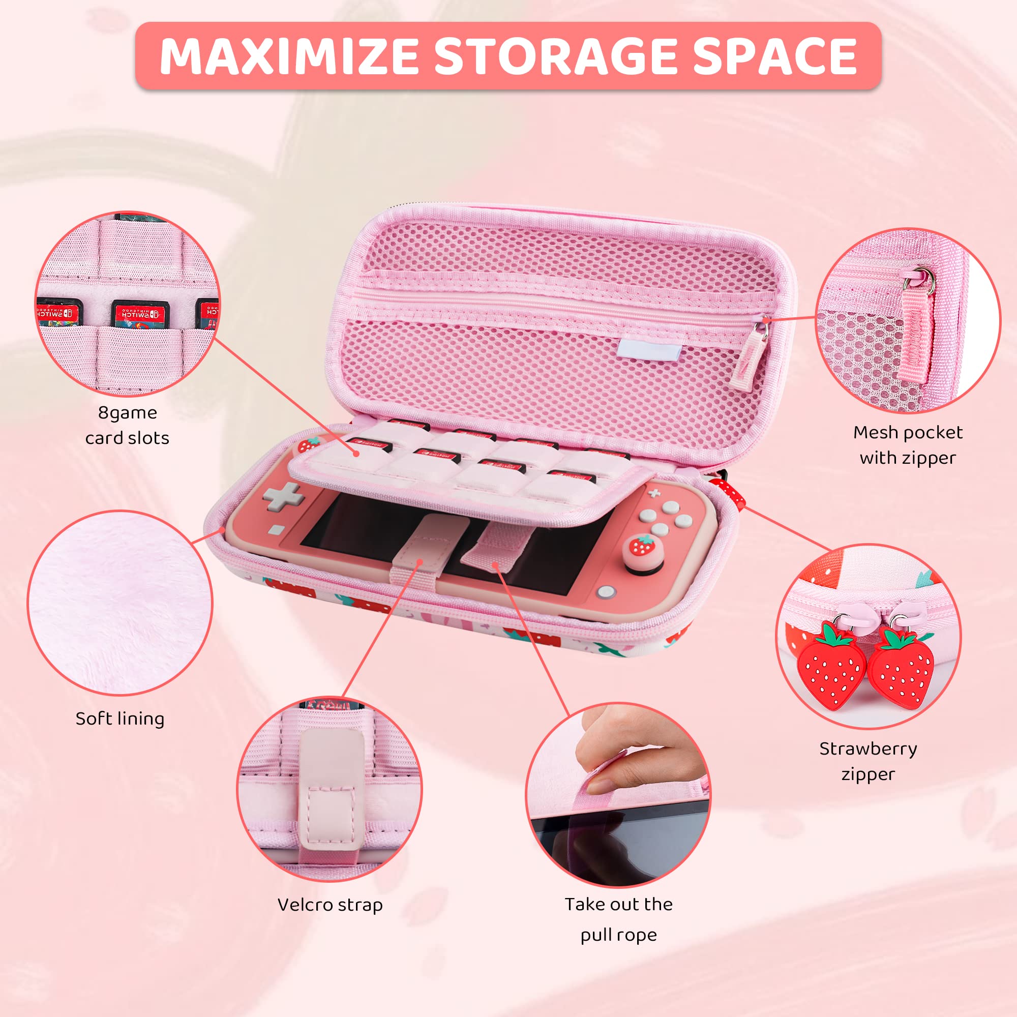 **FUNDIARY Nintendo Switch Lite Carrying Case - Pink Strawberry Design, Slim Portable Storage Bag with Soft TPU Cover, Shoulder Strap, Screen Protector & 2 Thumb Grips - Perfect for Travel, Gaming On-The-Go & Protective Storage**