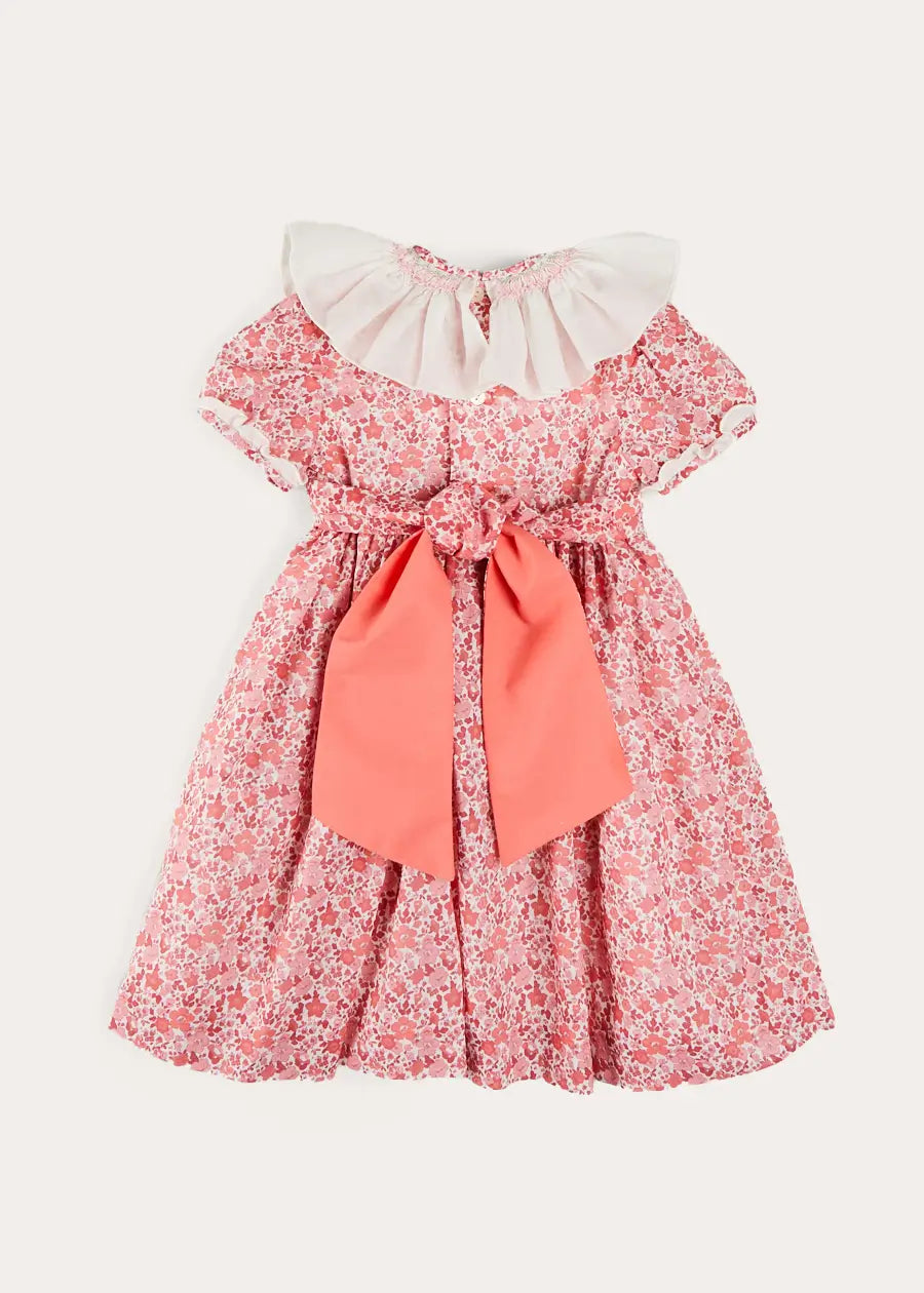 Emilia Floral Hand Smocked Ruffle Collar Short Sleeve Baby Girl Dress - Pink (Size 12 Months to 10 Years) | Perfect for Birthday Parties, Photo Shoots & Special Occasions