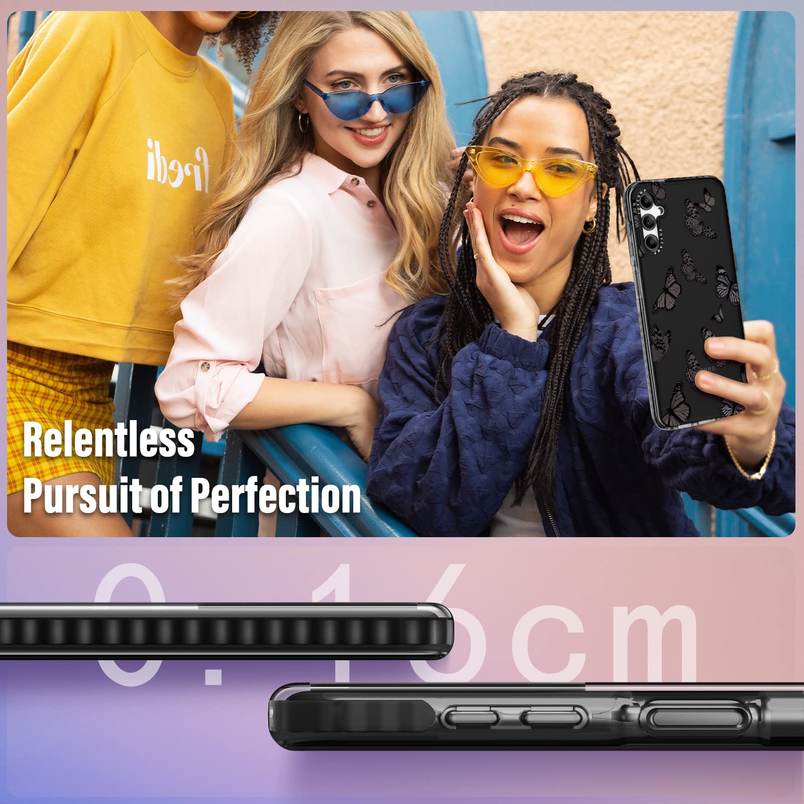 Samsung Galaxy A14 5G Case with Ring Holder - Cute Black Butterflies Design Protective Phone Cover for Women & Girls | Perfect for Daily Use, Work, and Travel