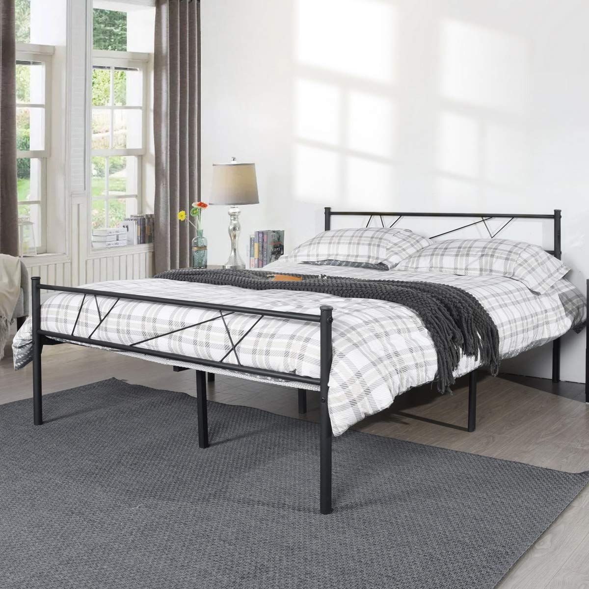 White Steel Metal Platform Bed Frame with Headboard & Footboard - No Box Spring Needed, Tool-Free Assembly (Black, Full Size) - Perfect for Modern Bedrooms & Guest Rooms
