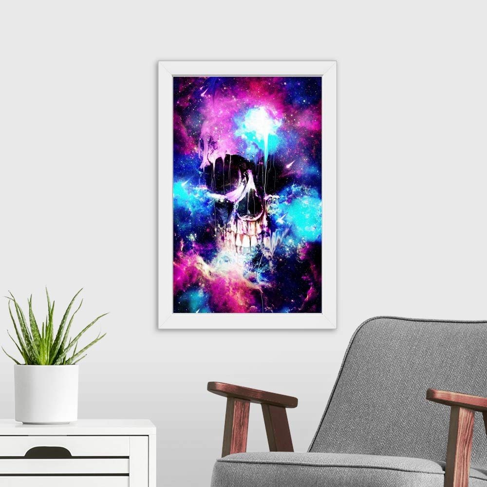 Space Skull White Framed Art Print - Skull & Bones Wall Decor for Gothic Home, Office, or Halloween Party Decoration