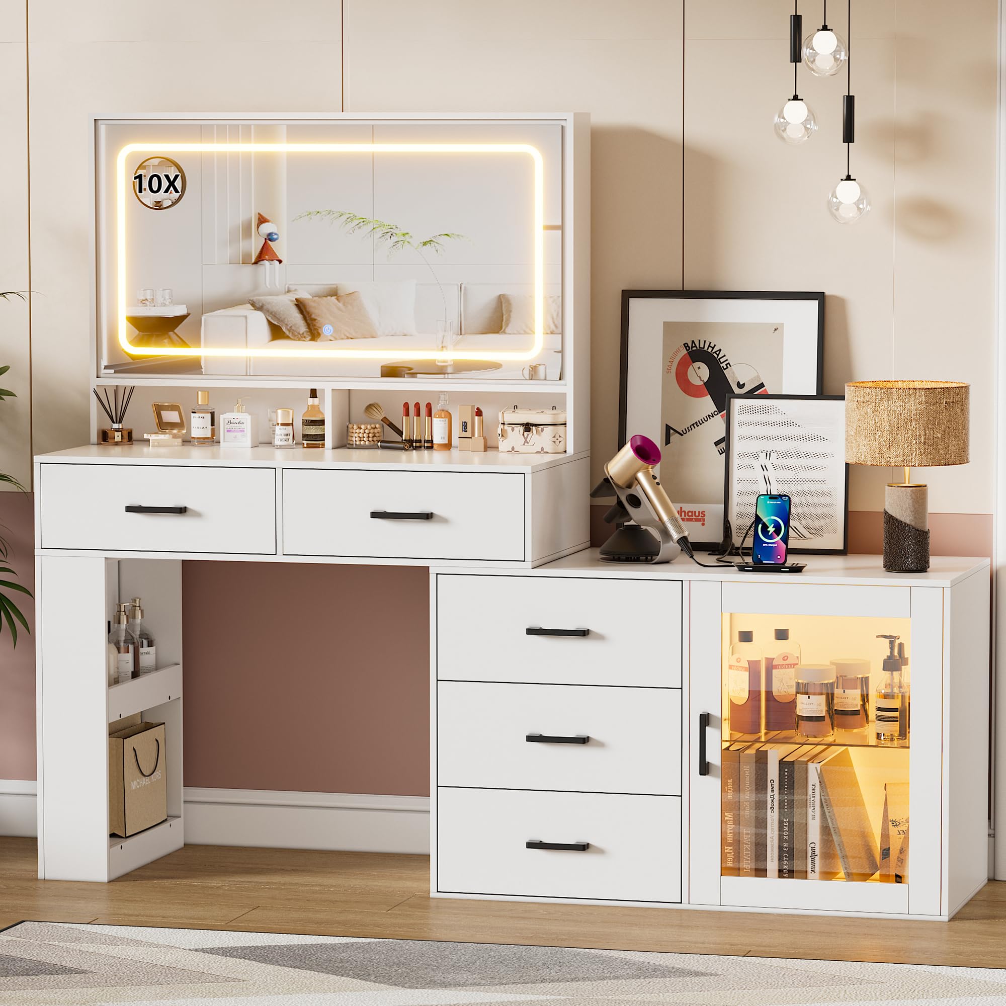 PAKASEPT White Makeup Vanity Desk with Mirror and LED Lights - 3 Color Modes, Adjustable Brightness, USB Charging Station - L-Shaped Dressing Table for Small Spaces - Perfect for Bedroom, Salon & Beauty Corner
