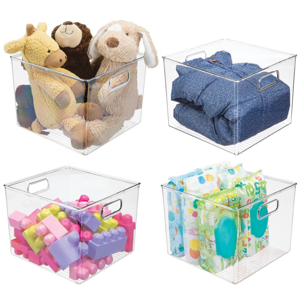 mDesign Clear Plastic Storage Bins with Handles - 4 Pack Deep Organizer Baskets for Cube Shelves | Perfect for Office, Closet, Bedroom, Laundry & Kids Toy Room Organization | Space-Saving Home Storage Solution
