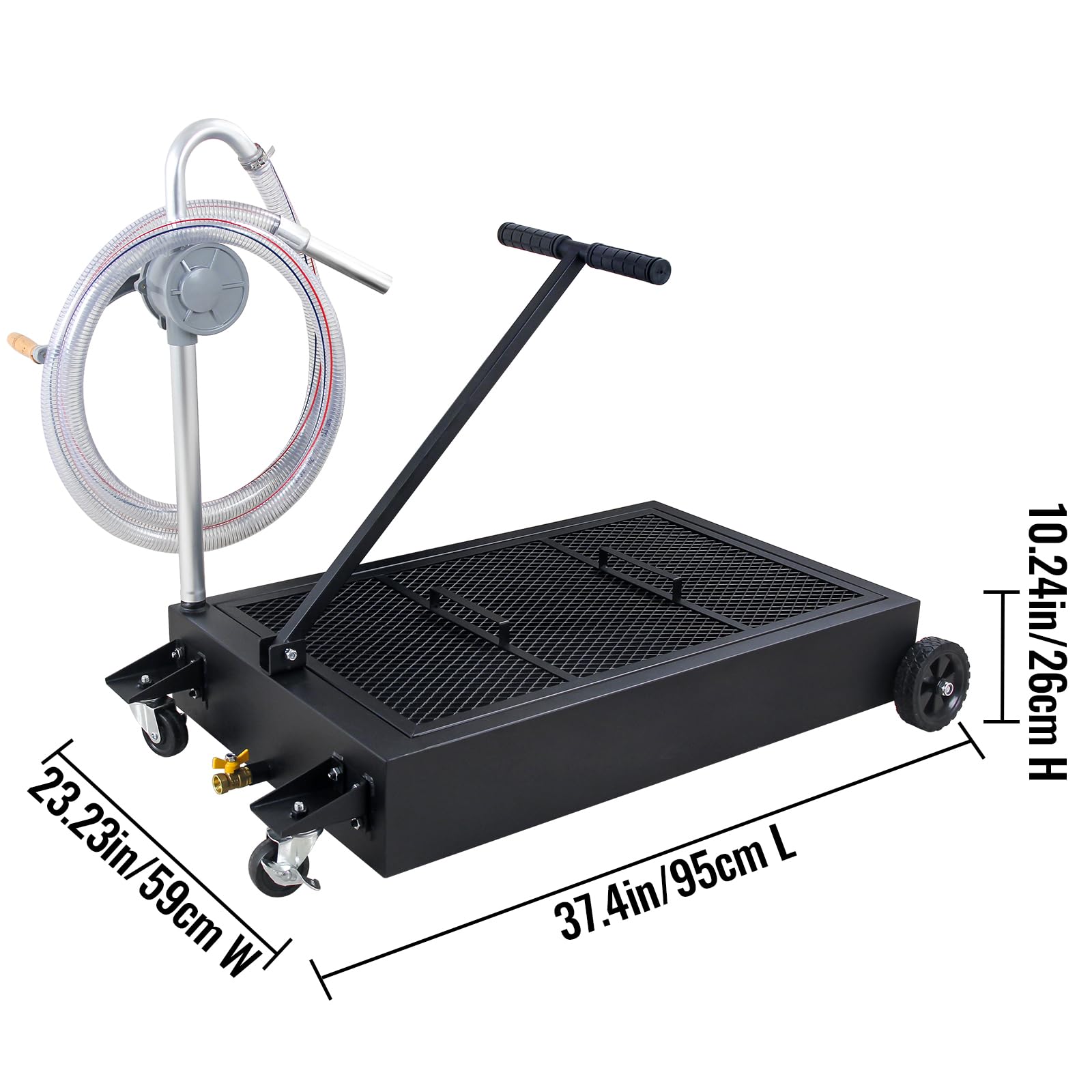 25 Gallon Low Profile Oil Drain Pan with Hand Pump, Hose & Swivel Casters - Large Capacity Oil Change Tank for Cars, SUVs, Trucks - Foldable Handle for Easy Storage - Perfect for DIY Garage Maintenance & Professional Auto Repair (Black)