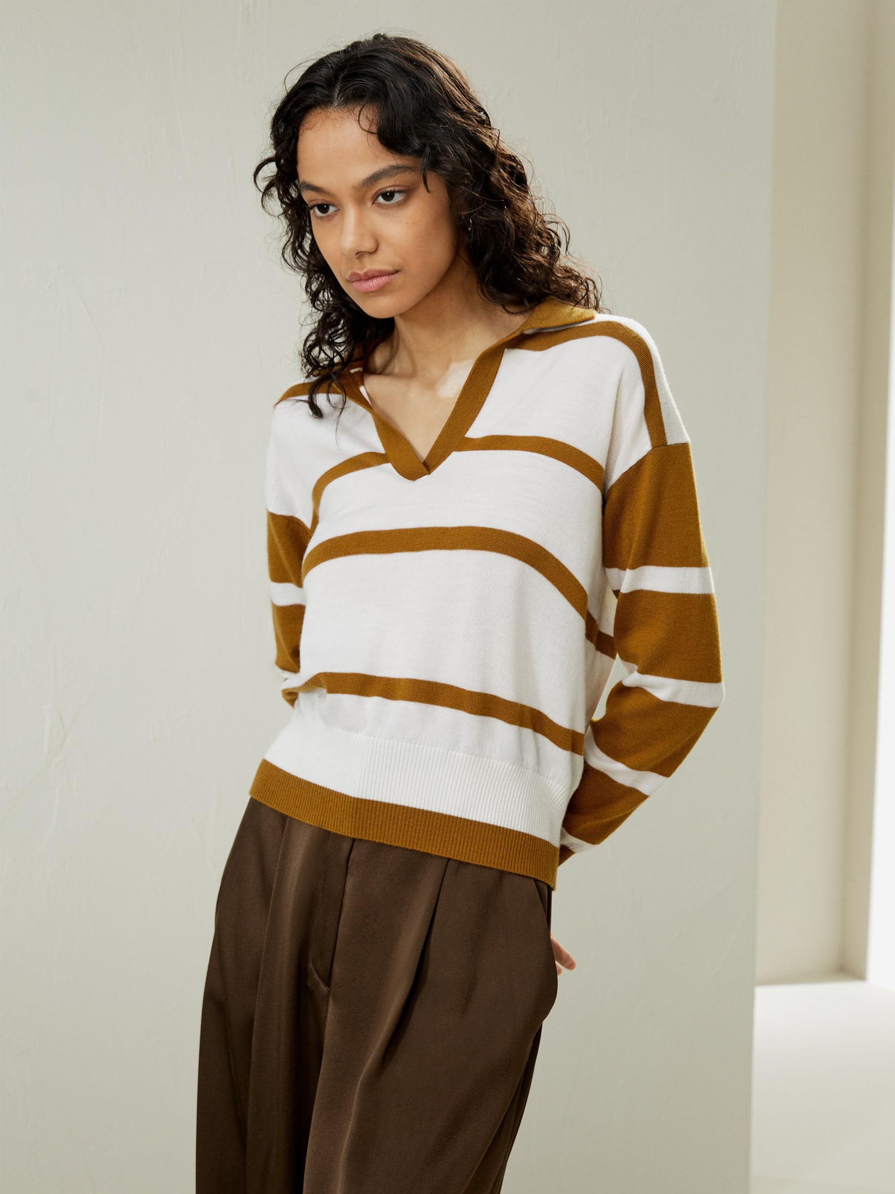 LilySilk 100% Merino Wool Women's Polo V-Neck Pullover Sweater - Soft Oversized Casual Knit Top with Coffee & White Stripes | Perfect for Fall Layering, Office Wear & Cozy Weekends
