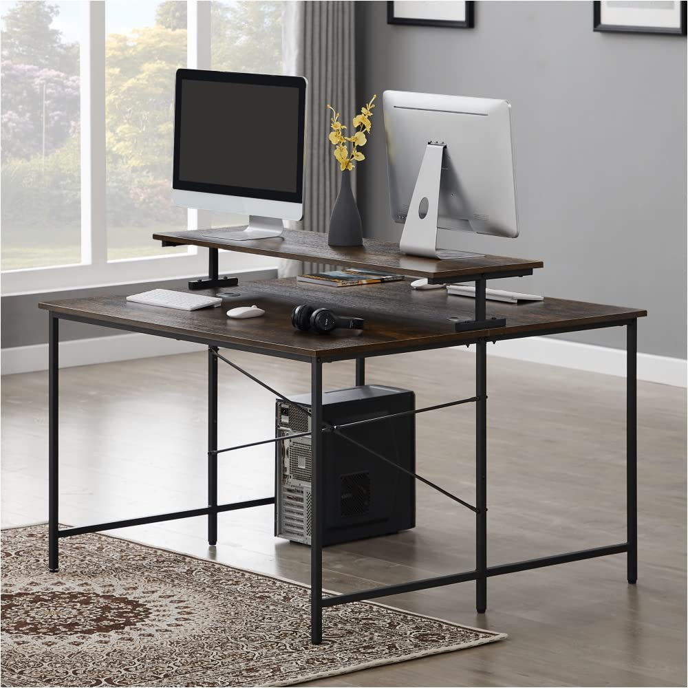 LYBJ 47 x 47 Inch Double Workstation Oversized Computer Desk for Two with Monitor Stand - Brown - Perfect for Home Office, Gaming Setup & Shared Workspace