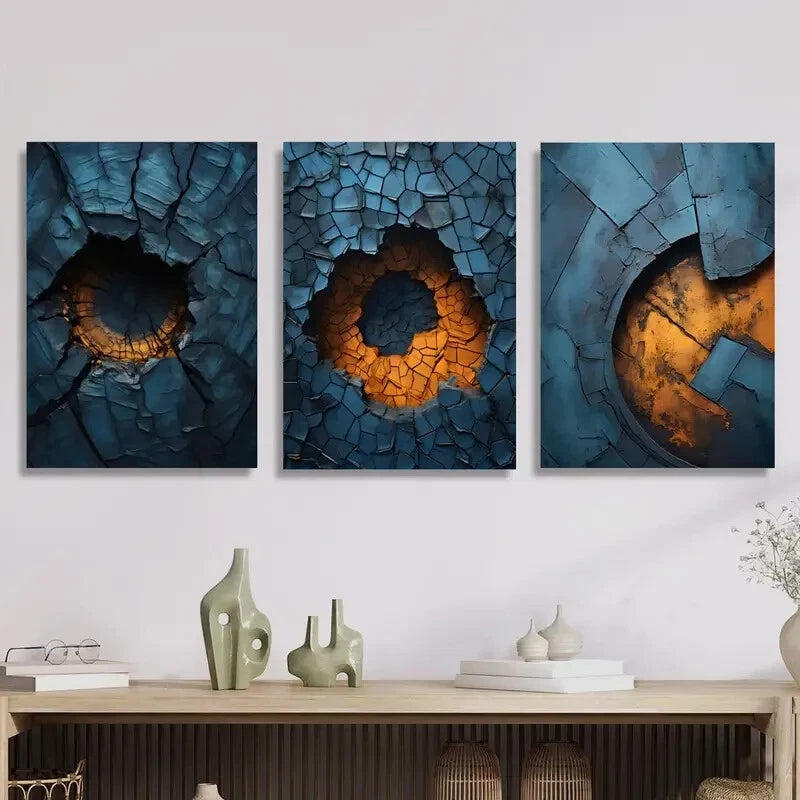 3-Piece Abstract Blue Metal Texture Wall Art - Ready to Hang Modern Home Decor for Living Room, Bedroom & Office | Metal Print Canvas for Contemporary Interior Design