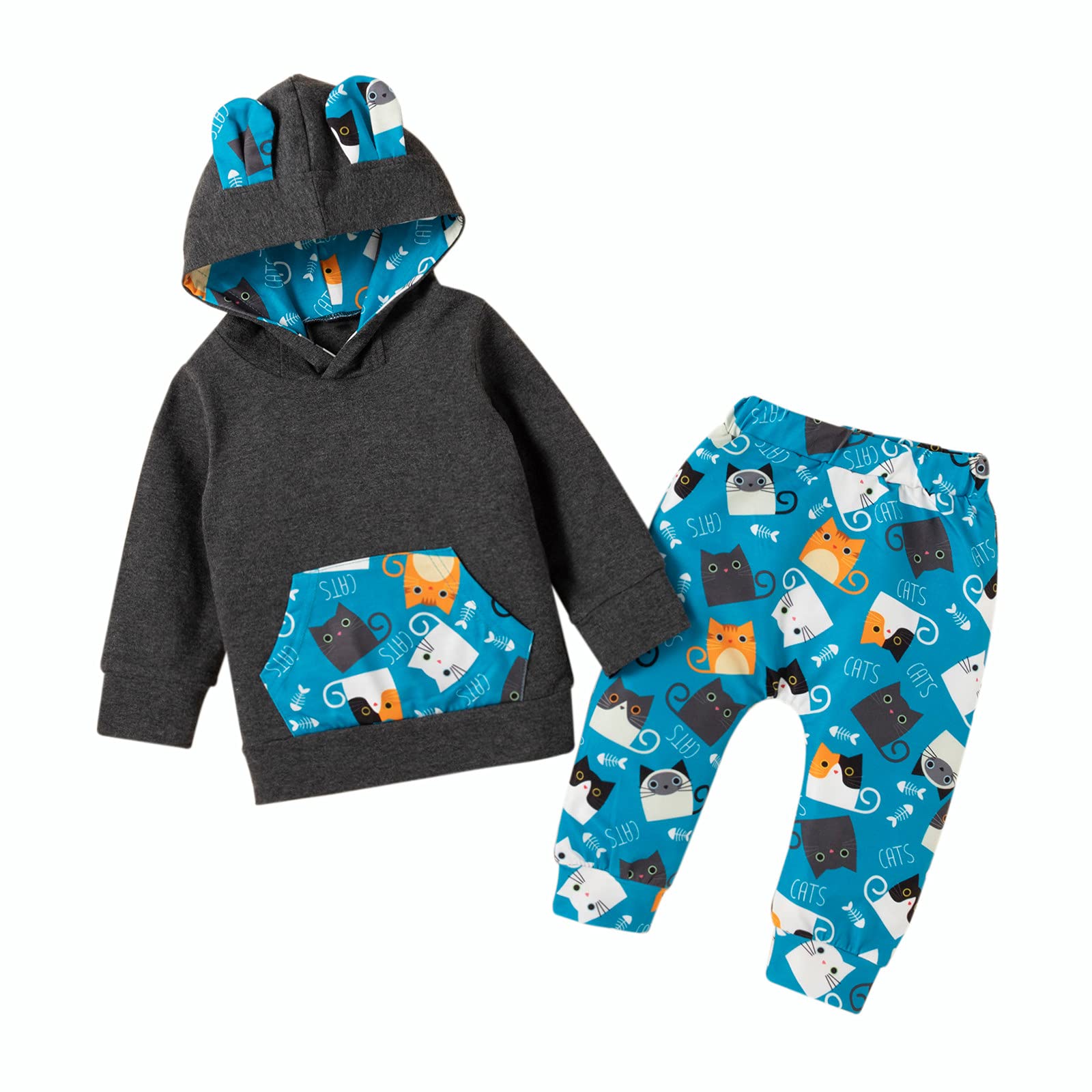 Adorable Cartoon Cat Long Sleeve Hooded Top Set for Newborn Baby Girls & Boys - Soft Infant Clothes for Playdates, Photo Shoots & Everyday Comfort