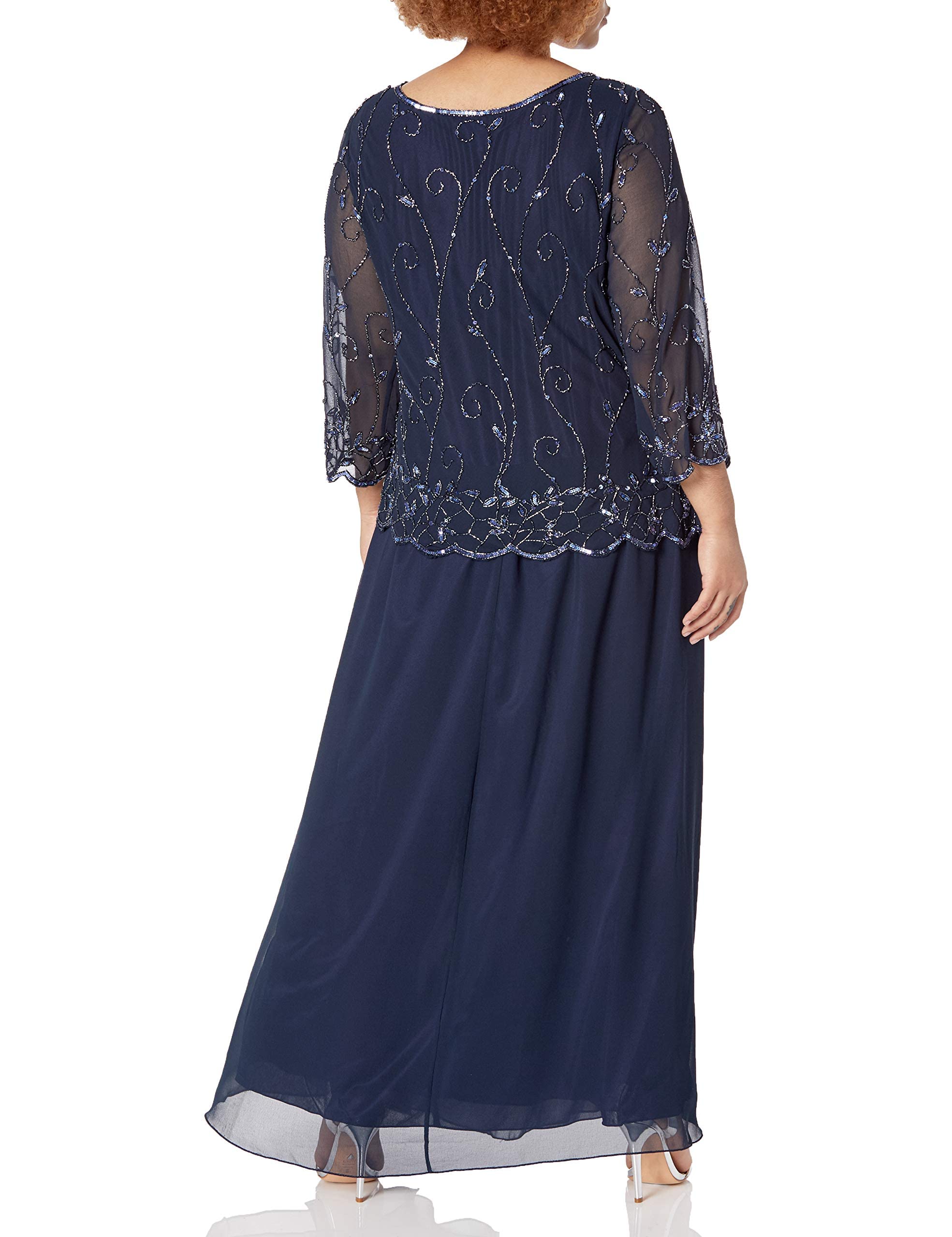 J Kara Women's Plus Size Beaded Scallop Bodice Asymmetrical Evening Gown - Elegant Formal Dress for Prom, Wedding & Special Occasions