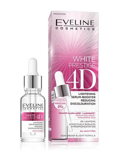 Eveline Cosmetics White Prestige 4D Lightening Serum Booster - Brightening Treatment for Dark Spots & Uneven Skin Tone | All Skin Types | Day & Night Skincare Routine