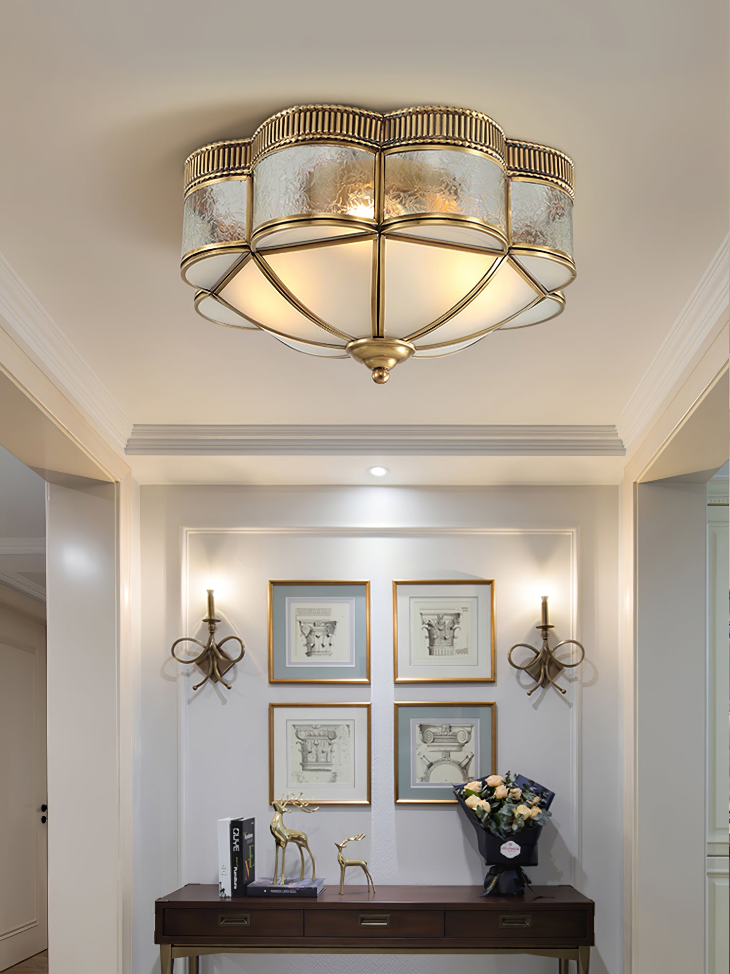 Vintage Brass Dome Flush Mount Ceiling Light Fixture - Elegant Lighting for Bedroom, Living Room, and Hallway