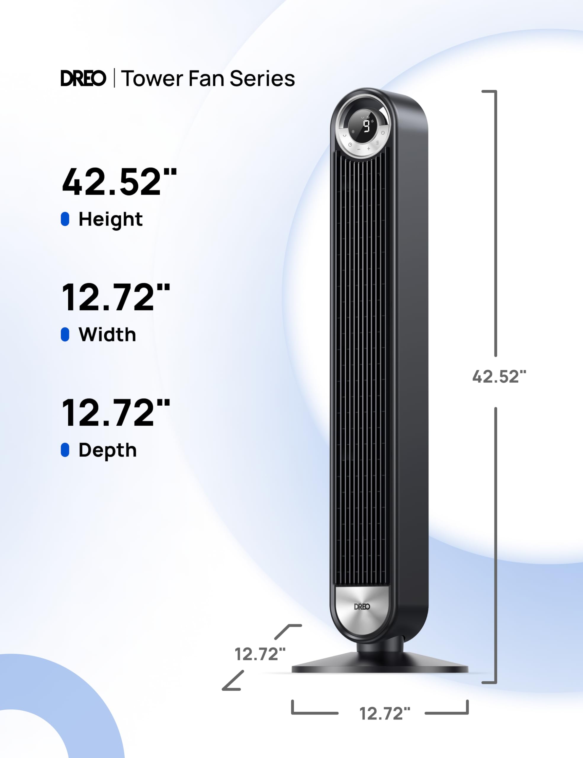 Dreo Bladeless Tower Fan for Bedroom - Ultra Quiet DC Motor with 9 Speeds, 90° Oscillation & 28ft/s Airflow - 12H Timer Standing Floor Fan for Home, Office, Nursery - Perfect for Cooling, White Noise & Air Circulation