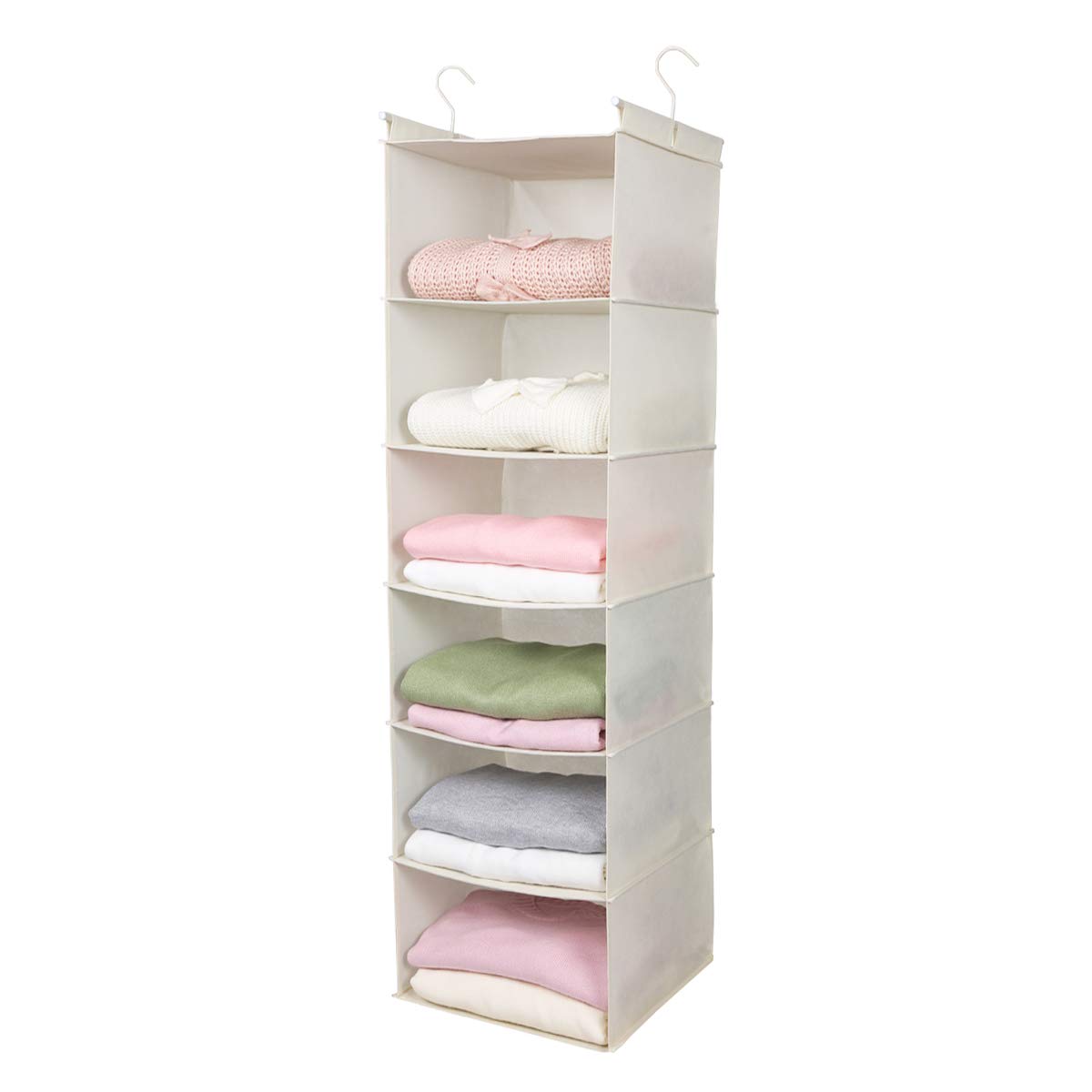 MAX Houser 6-Tier Hanging Closet Organizer Shelf with 2 Heavy-Duty Hooks - Foldable Space-Saving Storage for Clothes, Shoes & Accessories - Perfect for Bedroom, Dorm, Apartment Organization (Beige)