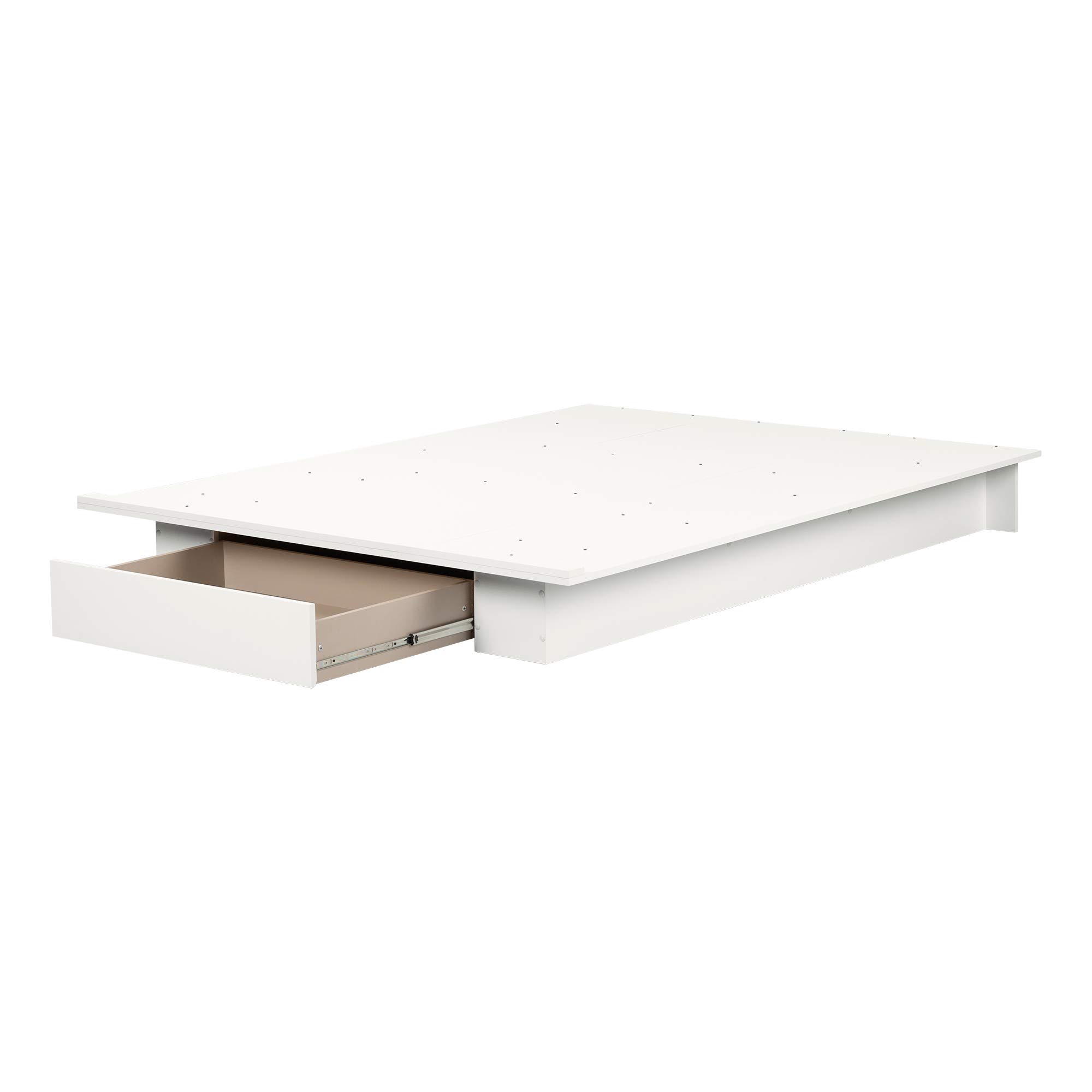 South Shore Kanagane 1-Drawer Platform Bed Frame - Full/Queen Size - Pure White Finish - Modern Minimalist Bedroom Furniture for Small Spaces & Guest Rooms