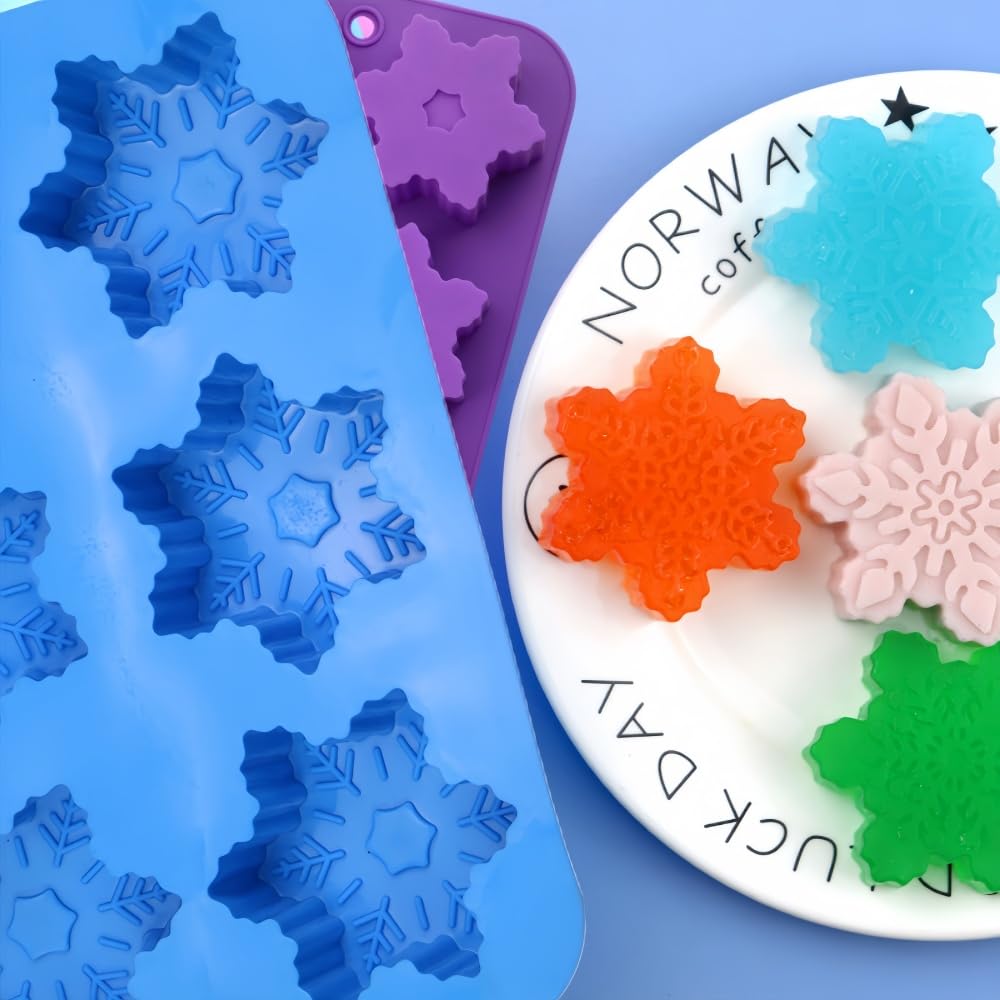 Snowflake Silicone Molds 2-Pack - Premium Baking Molds for Cakes, Cookies, Soap Making, Chocolate, Pudding & Jelly - Non-Stick Flexible Muffin Cups - Blue & Purple Kitchen Decor for Christmas Baking & DIY Crafts