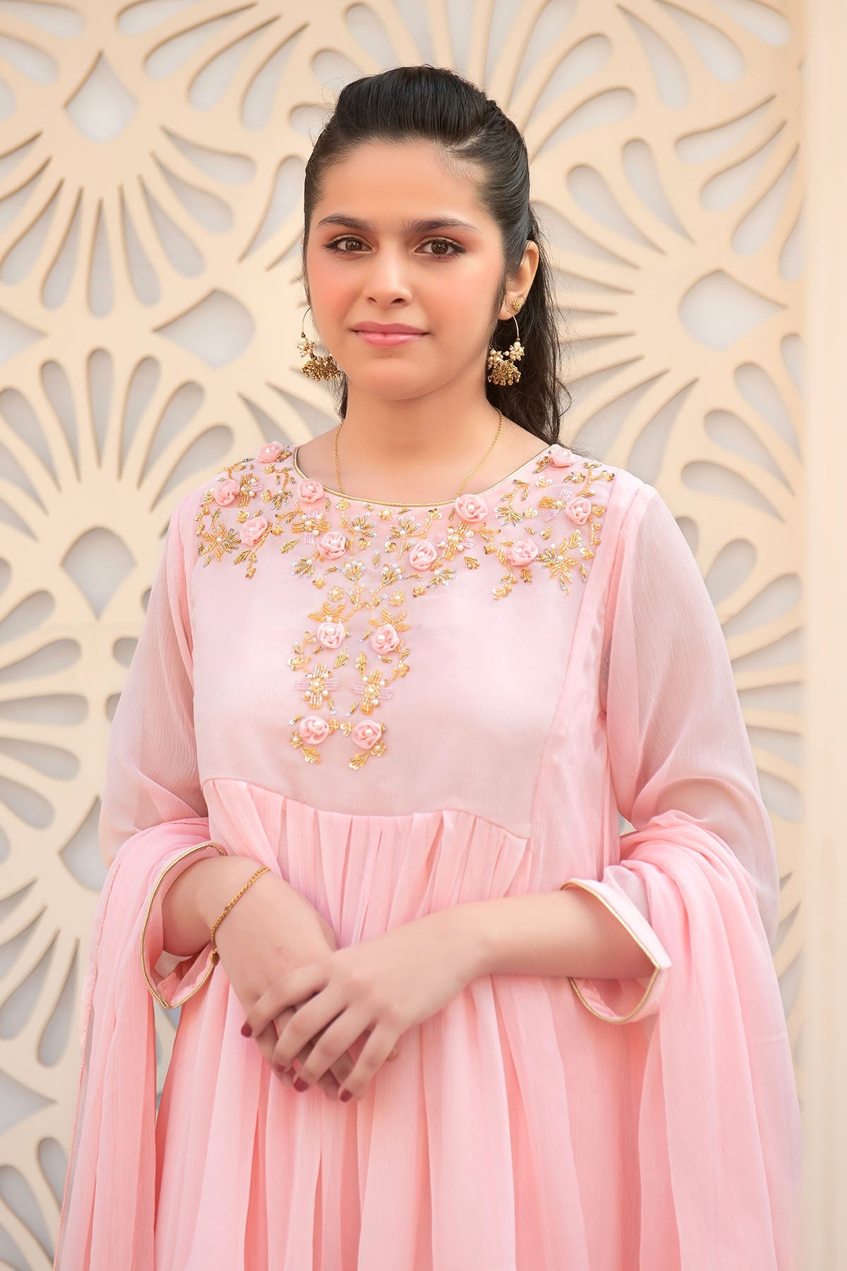 Elegant Chiffon Hand Embroidered Multi-Stitched Suit in Ochre - Perfect for Weddings, Parties & Special Occasions