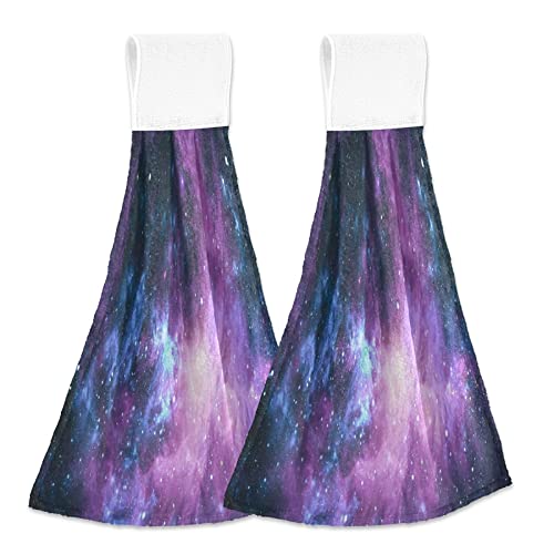 Purple Galaxy Space Kitchen Oven Towels - 2 Pack Super Absorbent Hanging Hand Towels with Loops | Dishcloth & Tea Towel for Cooking, Baking, Bar & Bathroom Use