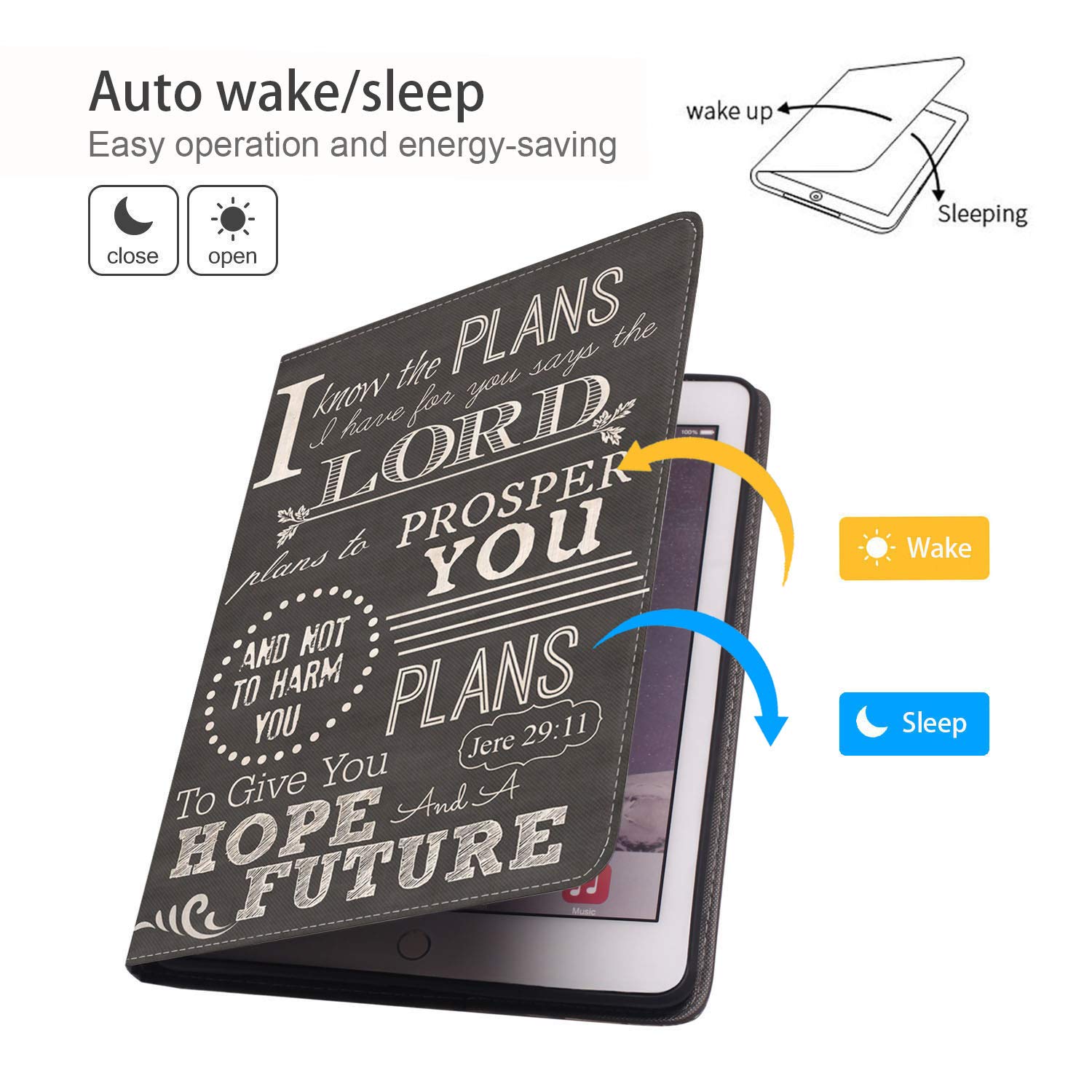 Premium PU Leather iPad Case for iPad 9.7 (2017/2018), iPad Air 1/2, iPad 6th/5th Gen - Slim Business Folio Cover with Auto Wake/Sleep & Bible Verse Jeremiah 29:11 - Perfect for Work, Travel and Daily Use