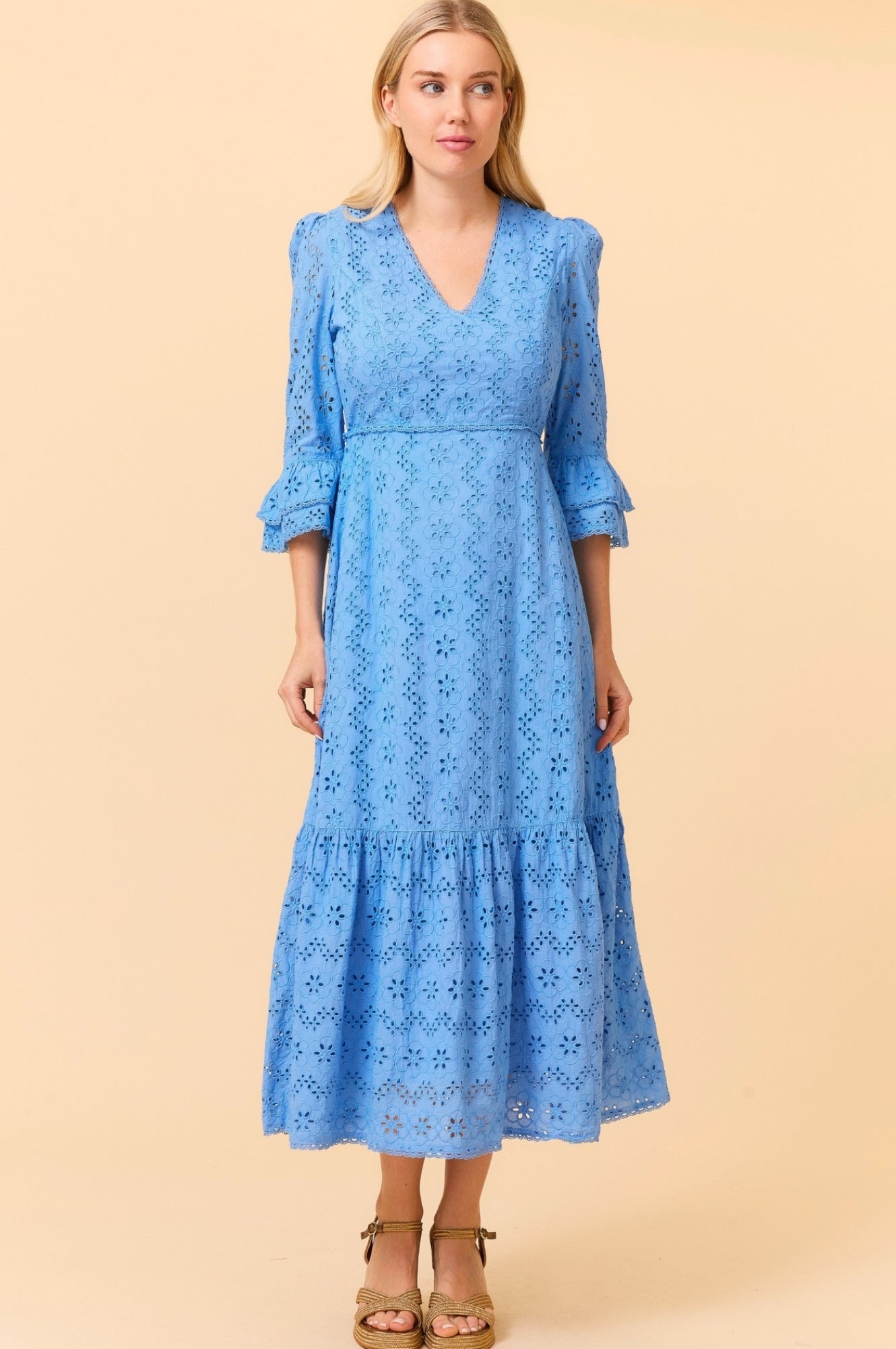 Victoria Broderie Floral Embroidered Summer Dress for Women - Blue Flowy Maxi Dress | Beach Wedding, Vacation & Party Wear