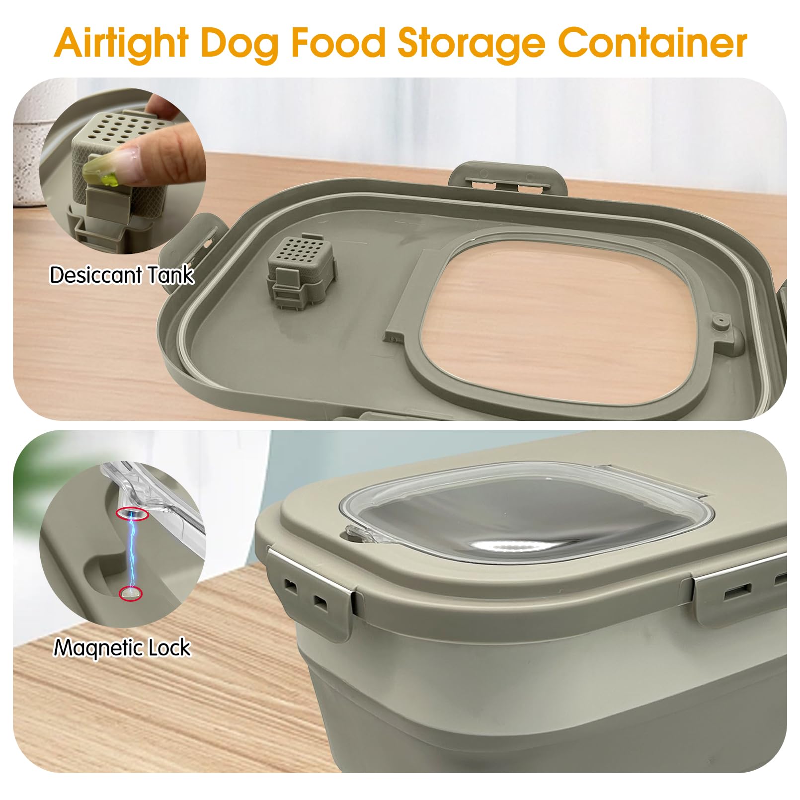 VCEPJH 20Lb Collapsible Pet Food Storage Container with Wheels, Scoop & Measuring Cup - Airtight Dog & Cat Food Bin for Dry Food, Rice, Cereal, Flour - Space Saving Kitchen Storage (Khaki) - Perfect for Home, Travel & Outdoor Use