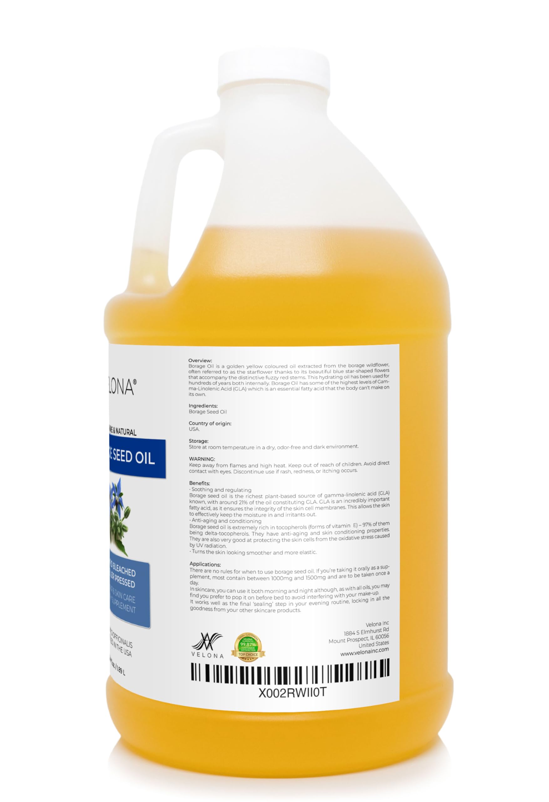 Velona Borage Seed Oil 64 Fl Oz - 100% Pure Natural Cold Pressed Carrier Oil for Skin, Face, Body & Hair Care | Refined & Unrefined Options | Perfect for Massage, Aromatherapy & DIY Beauty Recipes