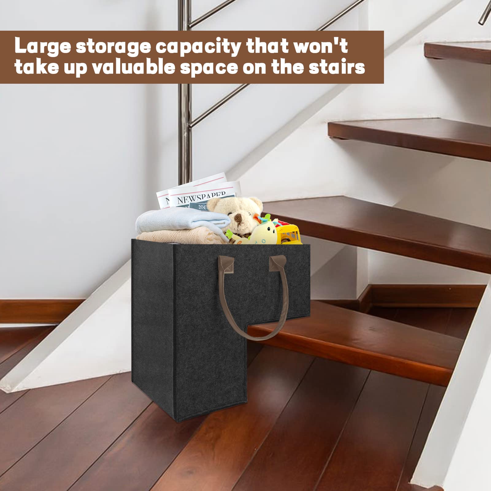 MODOWEY 2-Pack Foldable L-Shaped Stair Storage Baskets with Faux Leather Handles - Space-Saving Organizer for Laundry, Toys & Household Items - Perfect for Staircase, Closet & Bedroom Organization