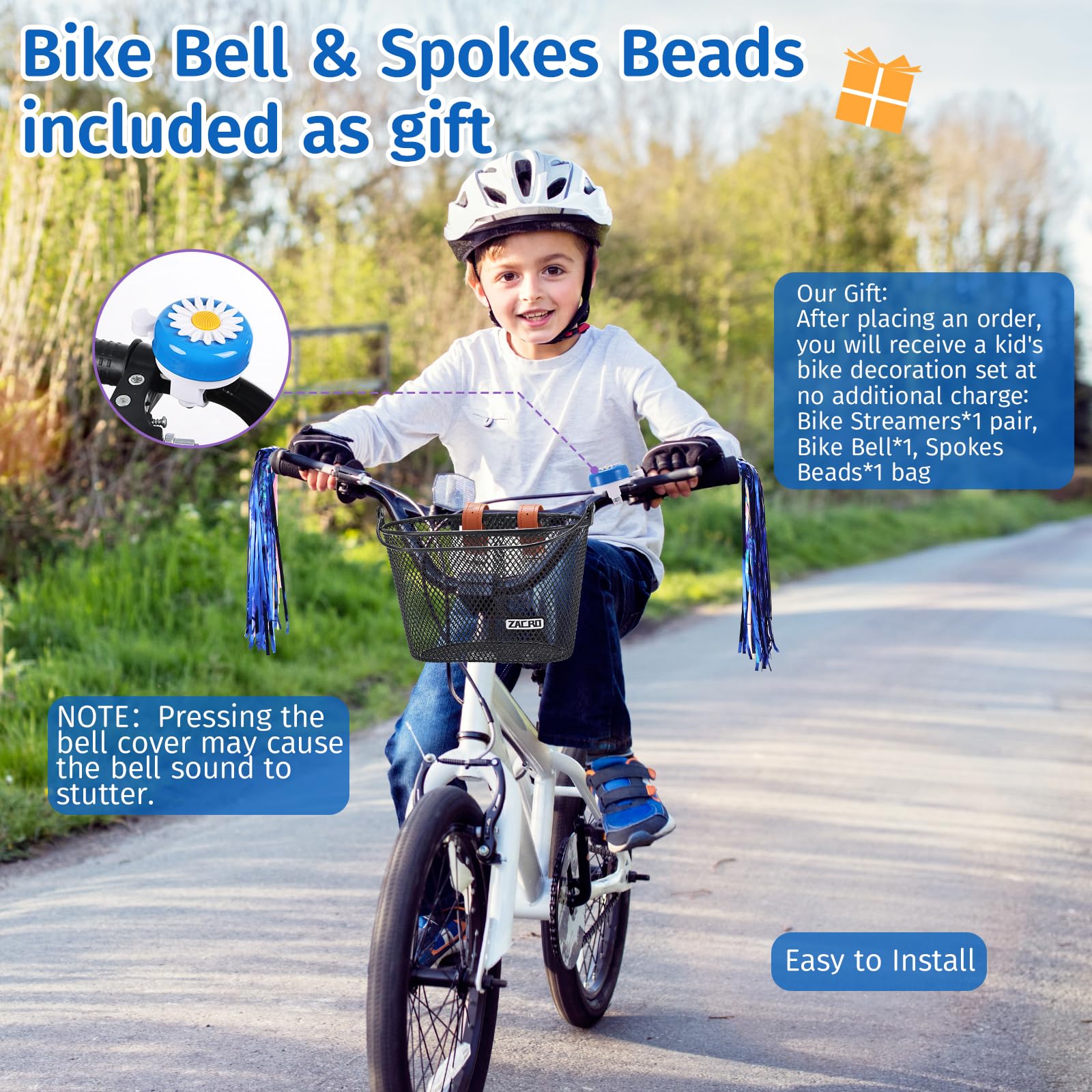 **Upgraded Zacro Kids Bike Basket with Bell & Streamers - Durable Bicycle Basket for Boys & Girls - Perfect for Toddler Bikes & Scooters - Ideal for School, Park Rides & Outdoor Adventures**