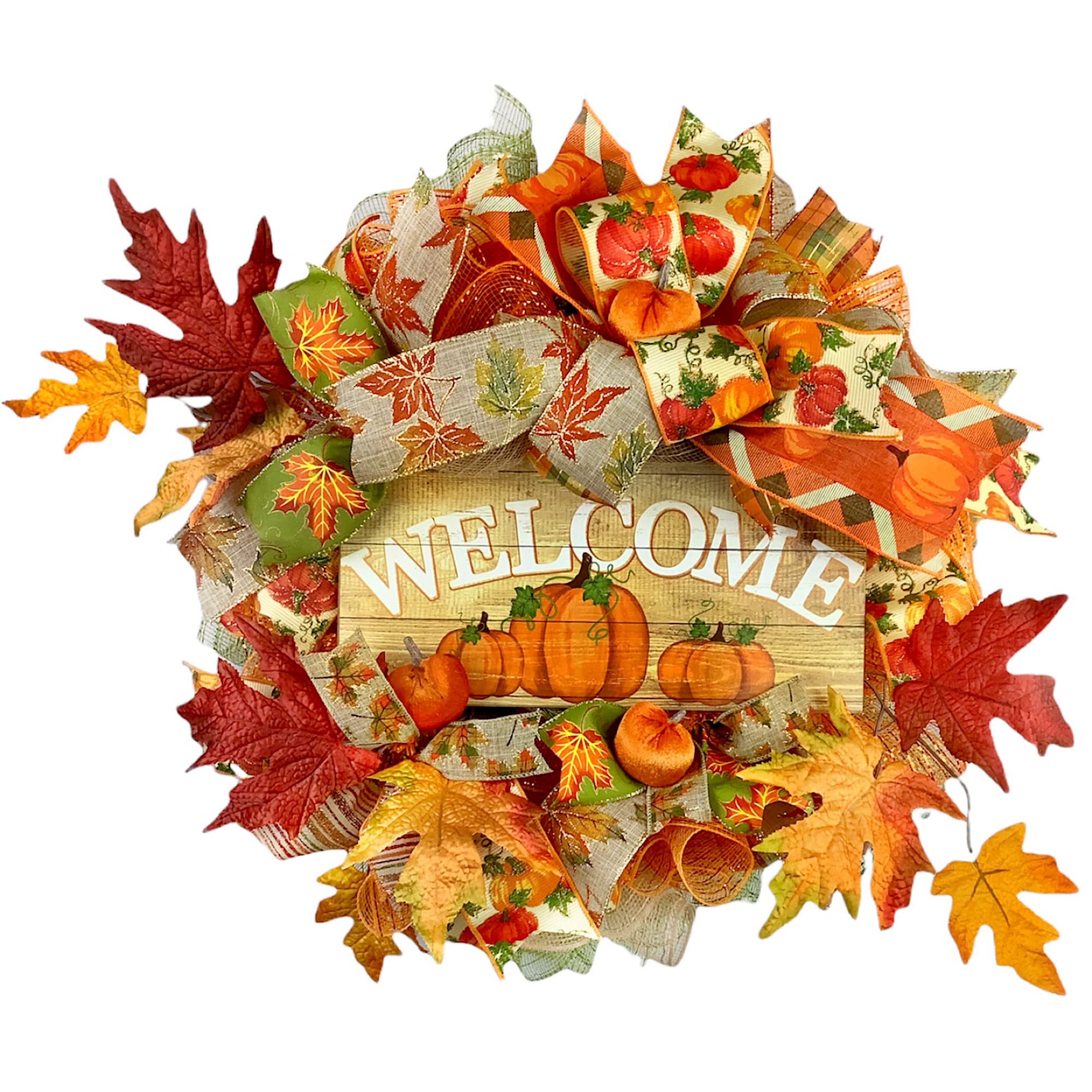 Handmade Autumn Wreath with Velvet Pumpkins & Fall Leaves - Rustic Front Door Decor for Thanksgiving, Halloween & Seasonal Home Decoration