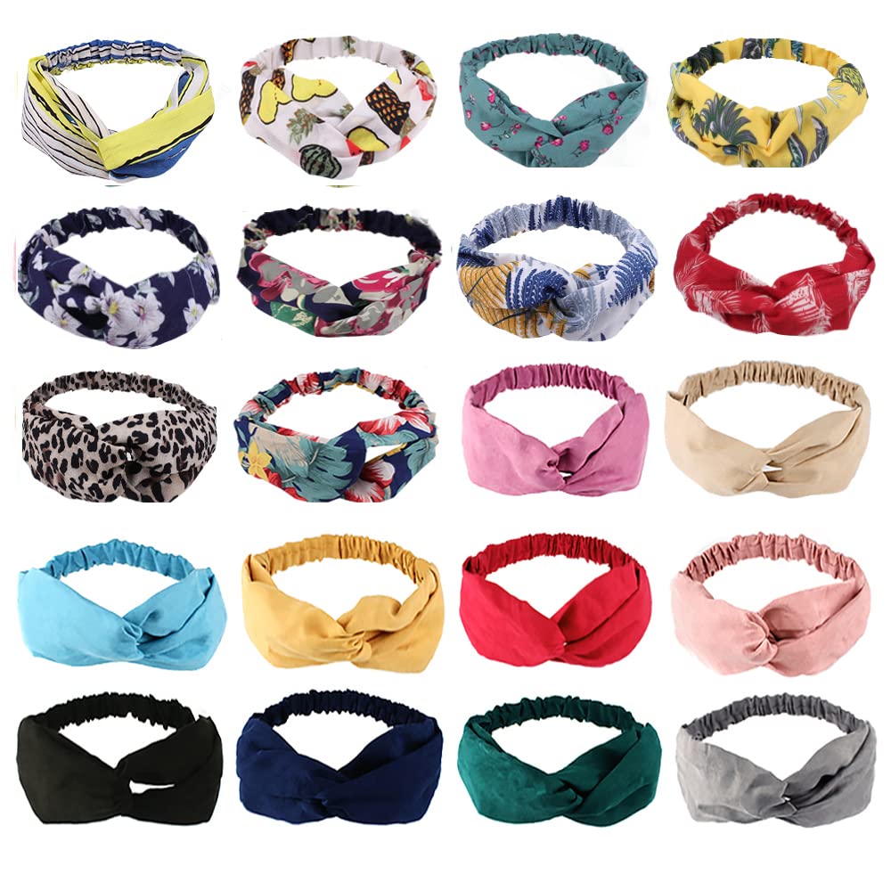 AHONEY 20 Pack Stretchy Knotted Headbands for Women & Girls - Boho Elastic Hair Bands for Yoga, Beach, Workout & Vintage Styling | Soft Hair Accessories for Sports, Fashion & Everyday Use