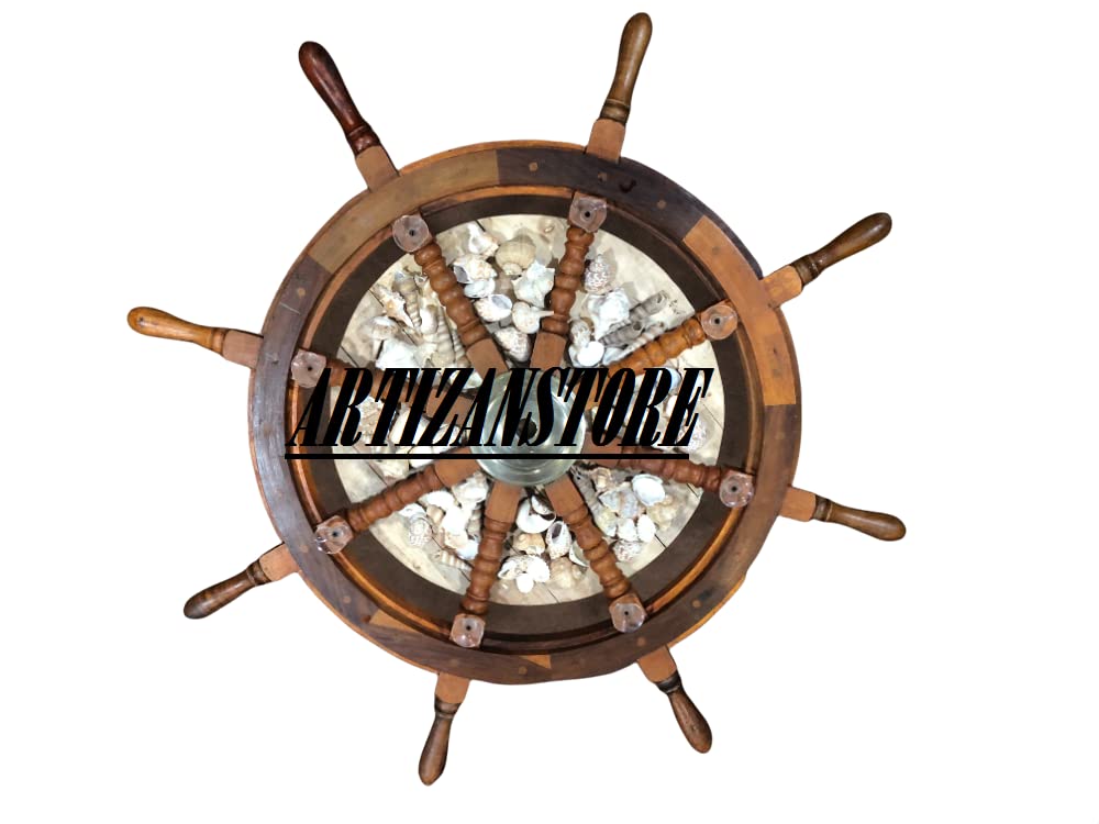 ARTIZANSTORE 24 Inch Nautical Wooden Ship Wheel Coffee Table - Rustic Coastal Home Decor for Living Room, Beach House & Office