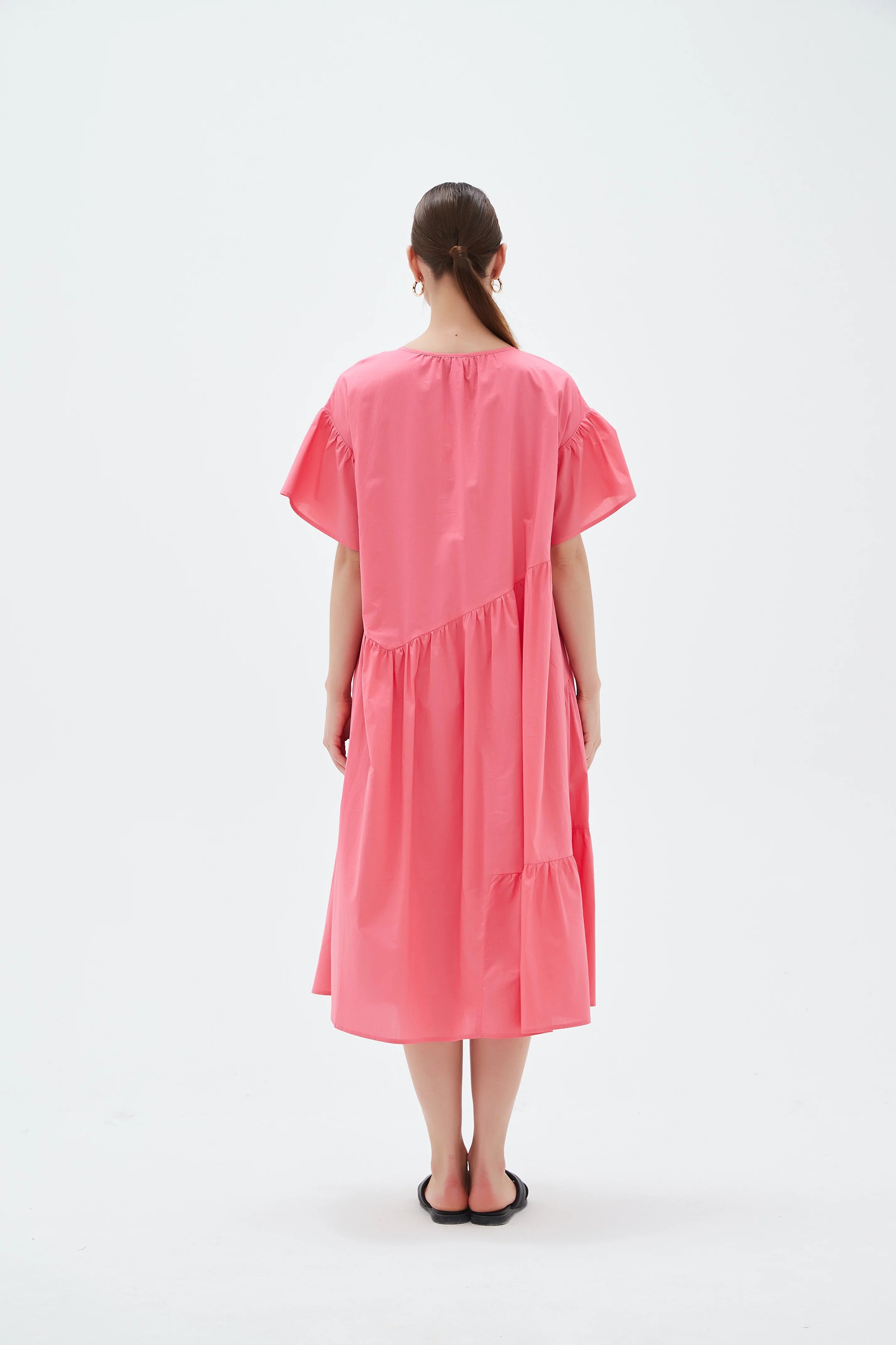 Angle Tier Dress in Candy Pink - Elegant Flowy Midi Dress for Women | Perfect for Parties, Weddings & Special Occasions