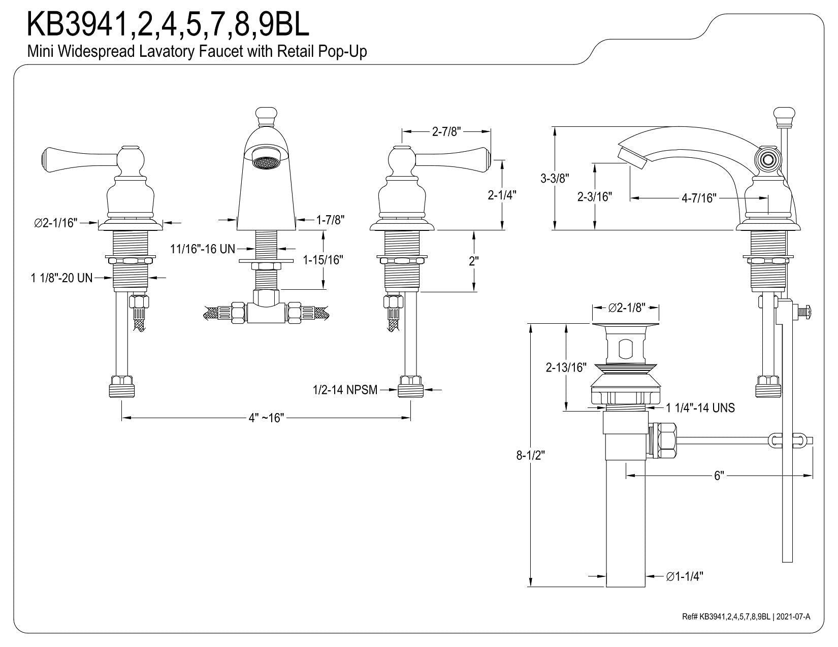 Kingston Brass KB3944BL Vintage Mini-Widespread Bathroom Faucet - 4.5