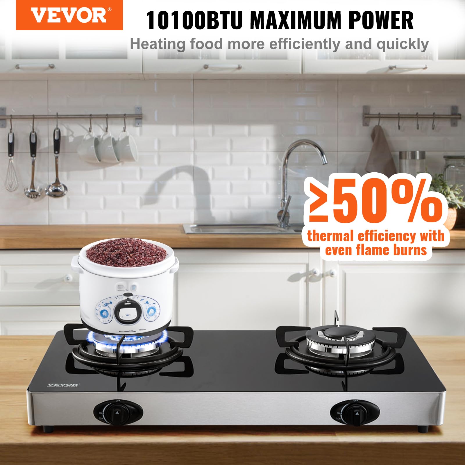 VEVOR 28 Inch 2 Burner Gas Cooktop - 10100BTU Max Output, Tempered Glass Countertop Stove with Pulse Electronic Ignition - Portable Natural Gas Hob for Kitchen, RV, Apartment, Outdoor & Camping Use