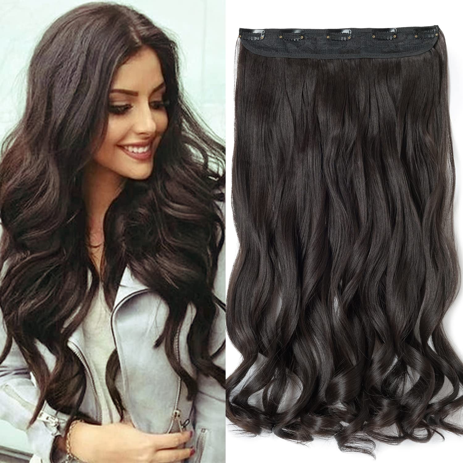 OSEN 5-Piece 24-Inch Curly Wavy Hair Extensions for Women - Clip-in Human Hair Extensions for Instant Length & Volume (Black) - Perfect for Parties, Weddings & Daily Styling