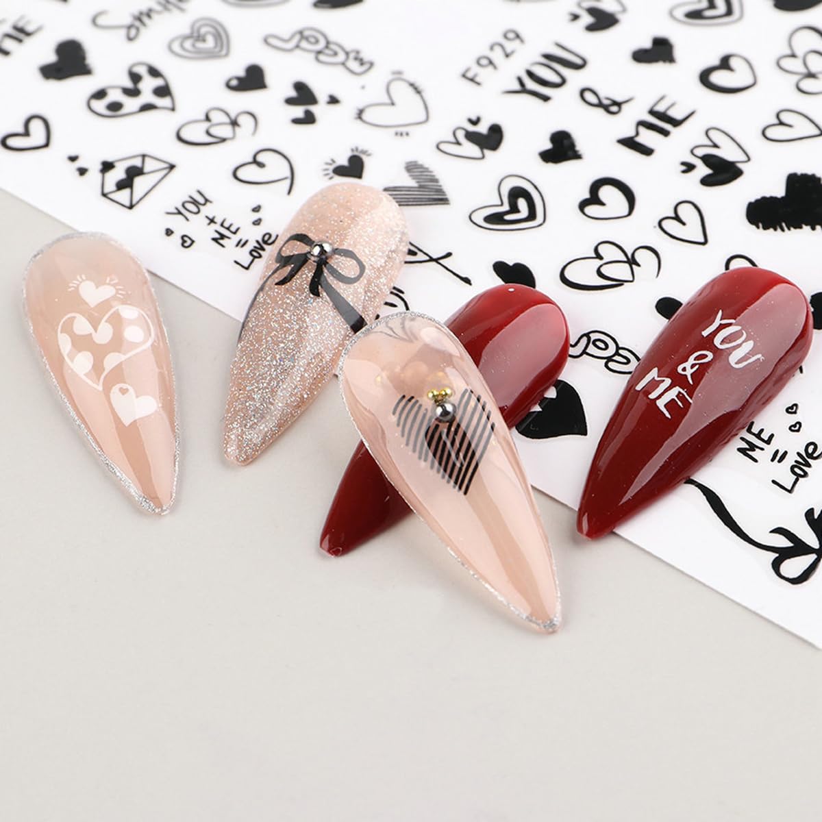 Valentine's Day Nail Art Stickers - 3D Heart Nail Decals for Women, 8PCS Self-Adhesive Love Letter Design French Manicure Tips, DIY Nail Decorations for Valentine's Gifts & Party Nail Art