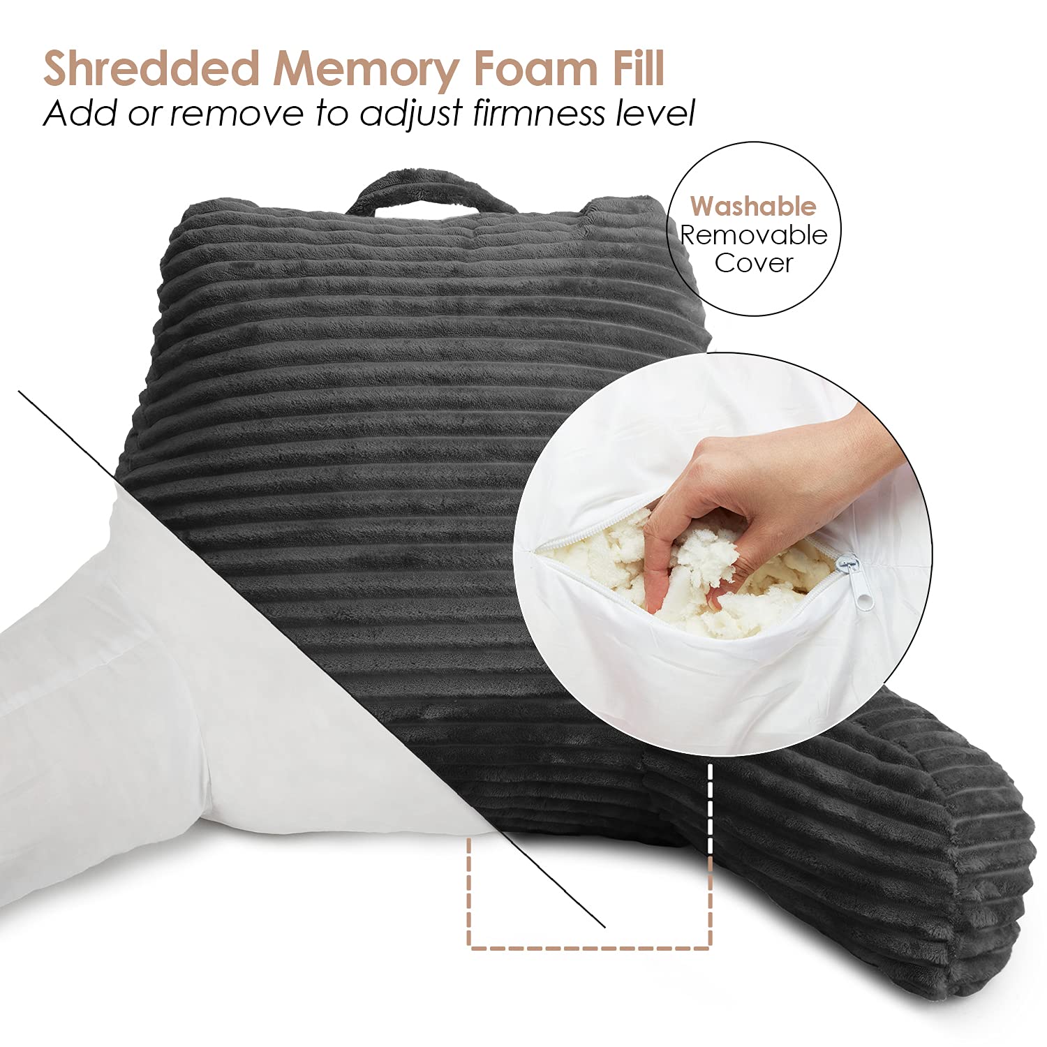 Clara Clark Reading Pillow for Adults - Plush Back Support Pillow with Arms & Pockets, Shredded Foam Bed Rest Pillow for Sitting Up in Bed (Grey) - Perfect for Reading, Watching TV, or Relaxing in Bed