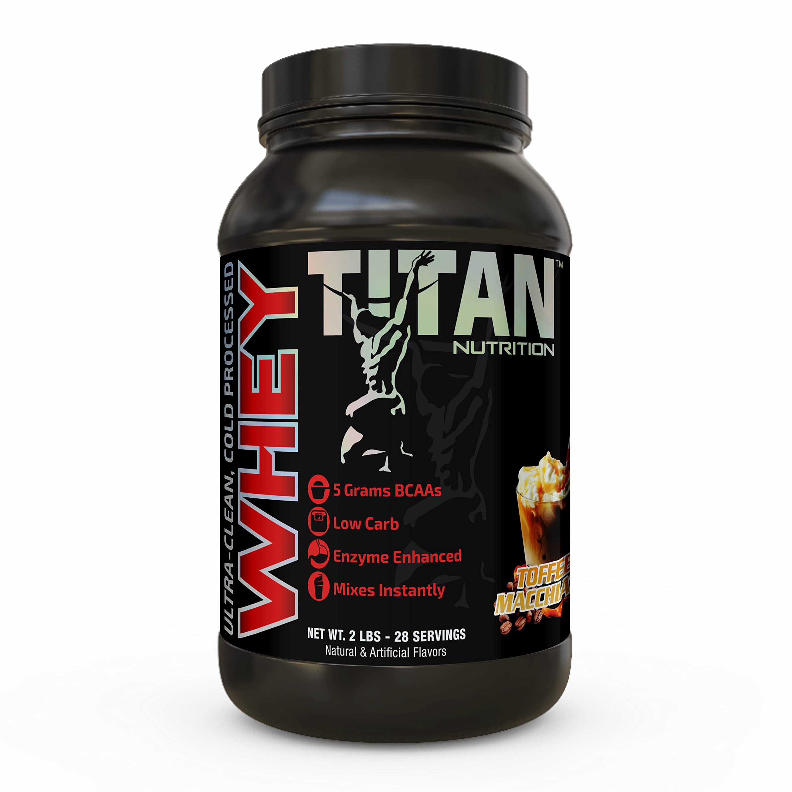 Titan Whey Protein Powder - Premium Fast-Absorbing Whey with 23g Protein, BCAAs & Digestive Enzymes - Supports Lean Muscle & Digestion - 2lb Toffee Macchiato Flavor - Ideal for Post-Workout Recovery & Muscle Growth