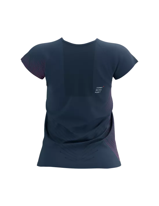 Compressport Women's Performance Short Sleeve Running Shirt - Moisture Wicking, Breathable Activewear Top in Mood Indigo/Magenta for Gym, Yoga & Outdoor Sports