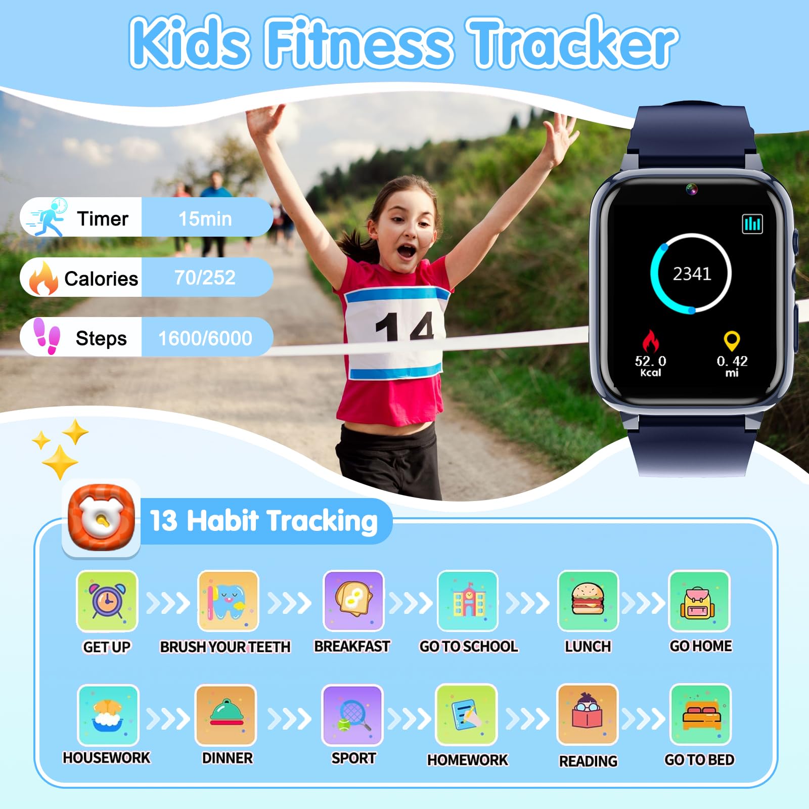 Kids Smart Watch with 26 Games, Camera, Music & Video Player - Waterproof GPS Tracker for Boys & Girls Ages 3-12 - Perfect for Outdoor Play, School & Birthday Gifts (Blue)