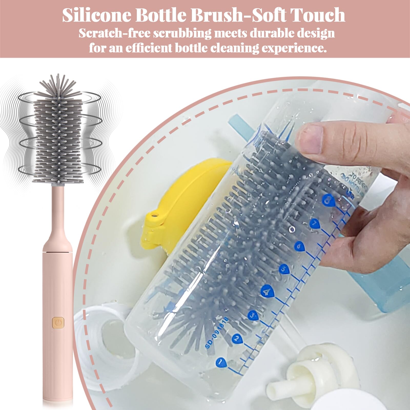 USB Rechargeable Electric Cleaning Brush Set - 3 Replaceable Silicone Bottle Brushes & Straw Cleaner - Perfect for Baby Bottles, Kitchenware & Travel Mugs (Pink) | Ideal for New Parents, Home Cleaning & Dishwashing