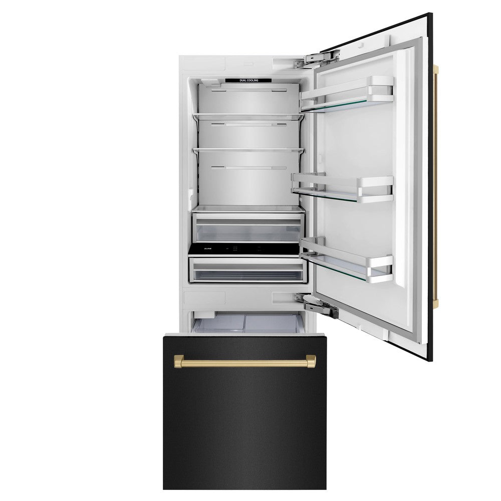 ZLINE Autograph Edition 30 Inch Built-In Bottom Freezer Refrigerator - 16.1 cu ft Capacity, Black Stainless Steel with Champagne Bronze Accents, Water Dispenser & Ice Maker - Perfect for Modern Kitchens, Open Concept Homes & Luxury Appliances Collection (RBIVZ BS 30 CB)