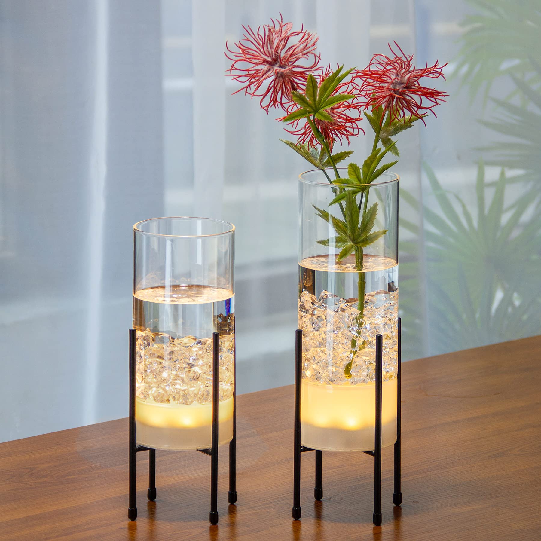 Modern Glass Flower Vase Set with LED Lights & Black Stand - 2 Pack Clear Table Vases for Home Decor, Wedding Centerpieces, Party Decorations - Perfect for Living Room, Dining Table, and Special Events