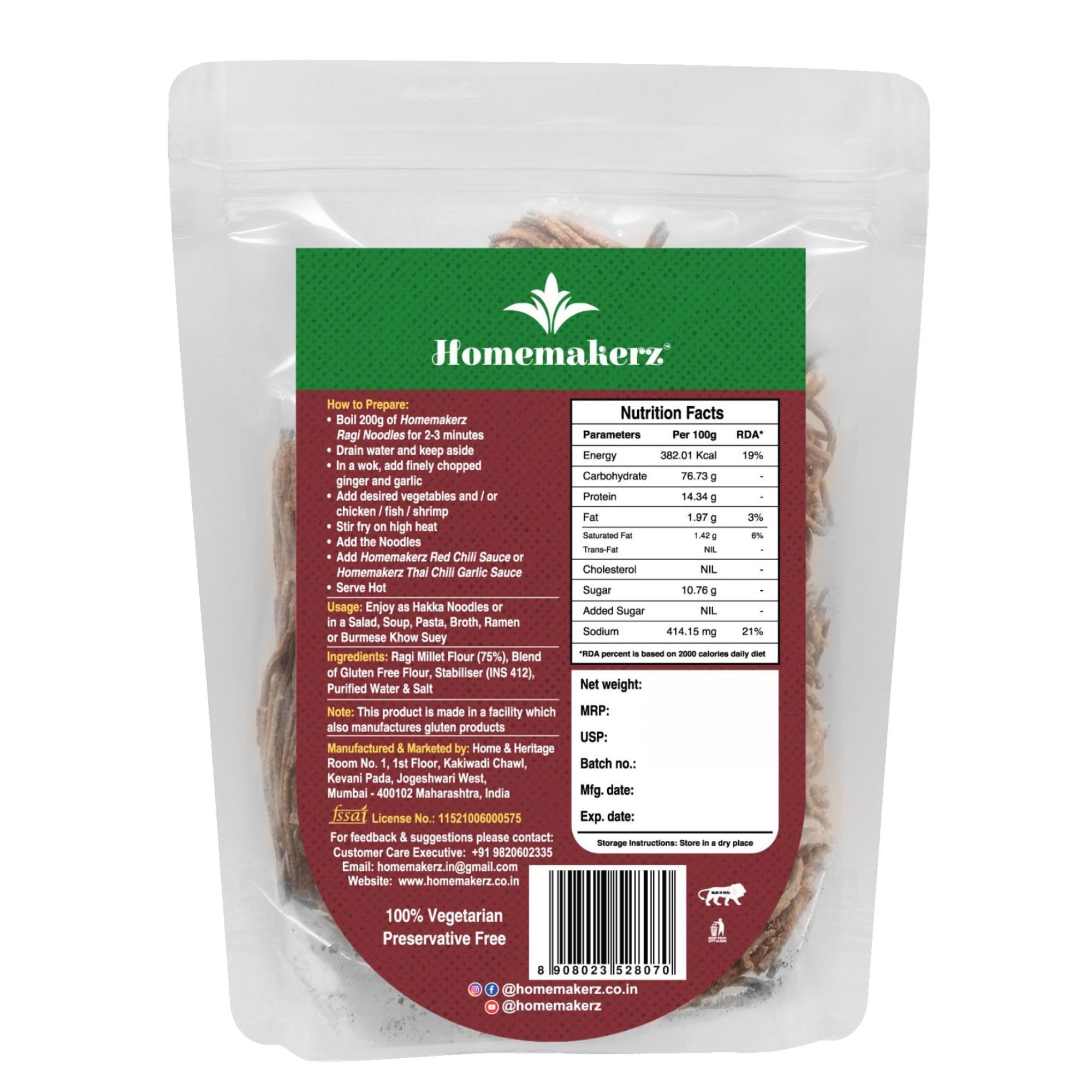 Homemakerz Ragi Millet Noodles - Natural, Gluten-Free, Preservative-Free, No Added Oil or Fat, Zero Maida & Wheat, Healthy Hakka Noodles (200g) - Perfect for Vegan, Keto & Weight Loss Diets