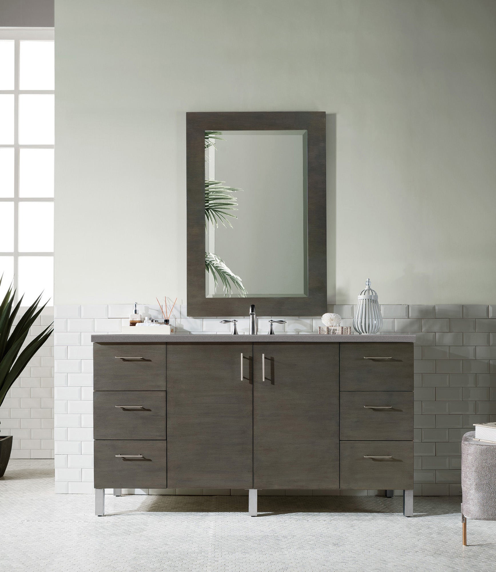 Metropolitan 60 Inch Single Bathroom Vanity Set in Silver Oak with 3CM Grey Expo Quartz Countertop - Perfect for Modern Master Bathrooms and Powder Rooms