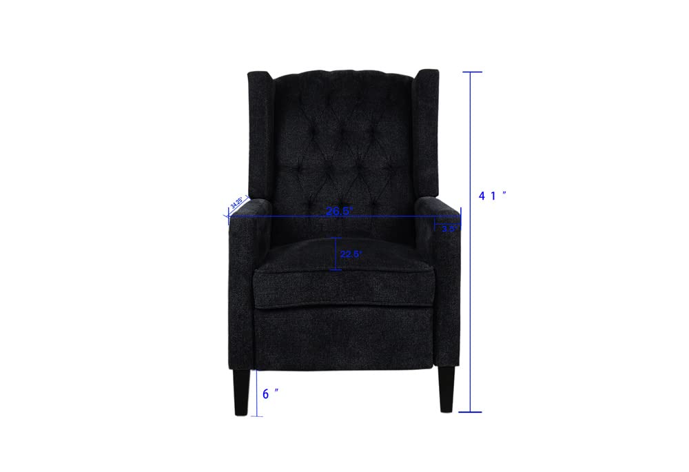 Modern Wingback Pushback Recliner Chair - Linen Upholstered Manual Recliner with Button Tufted Back, Nailhead Trim & Adjustable Backrest/Footrest - Single Sofa for Living Room, Home Theater & Relaxation (Black)
